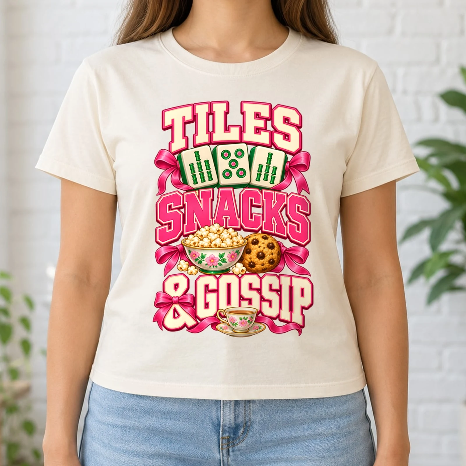 Tiles Snacks and Gossip Mahjong Night Varsity Pink Bow DTF Transfer