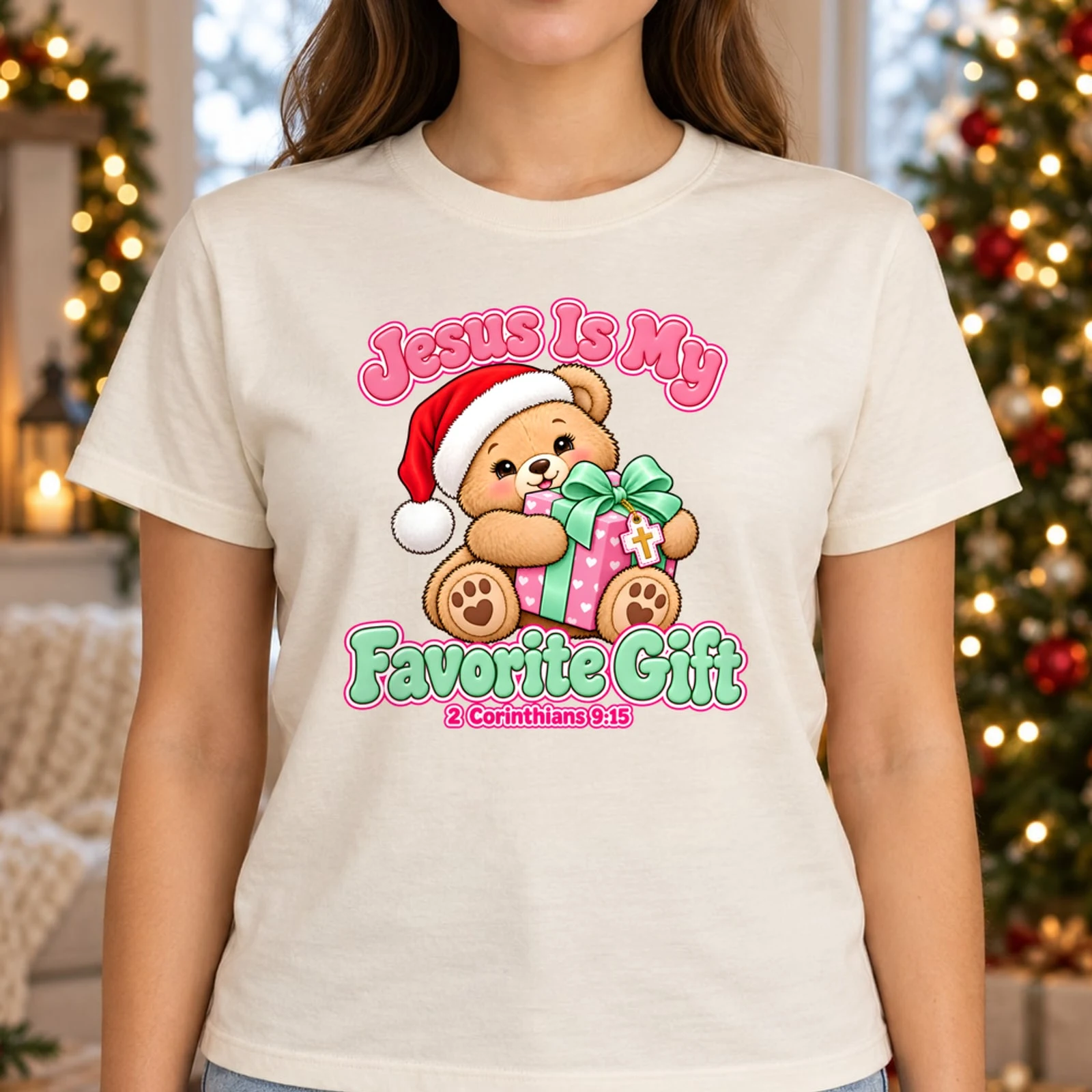 Jesus Is My Favorite Gift Preppy Teddy Bear Kids Christian Christmas DTF Transfer