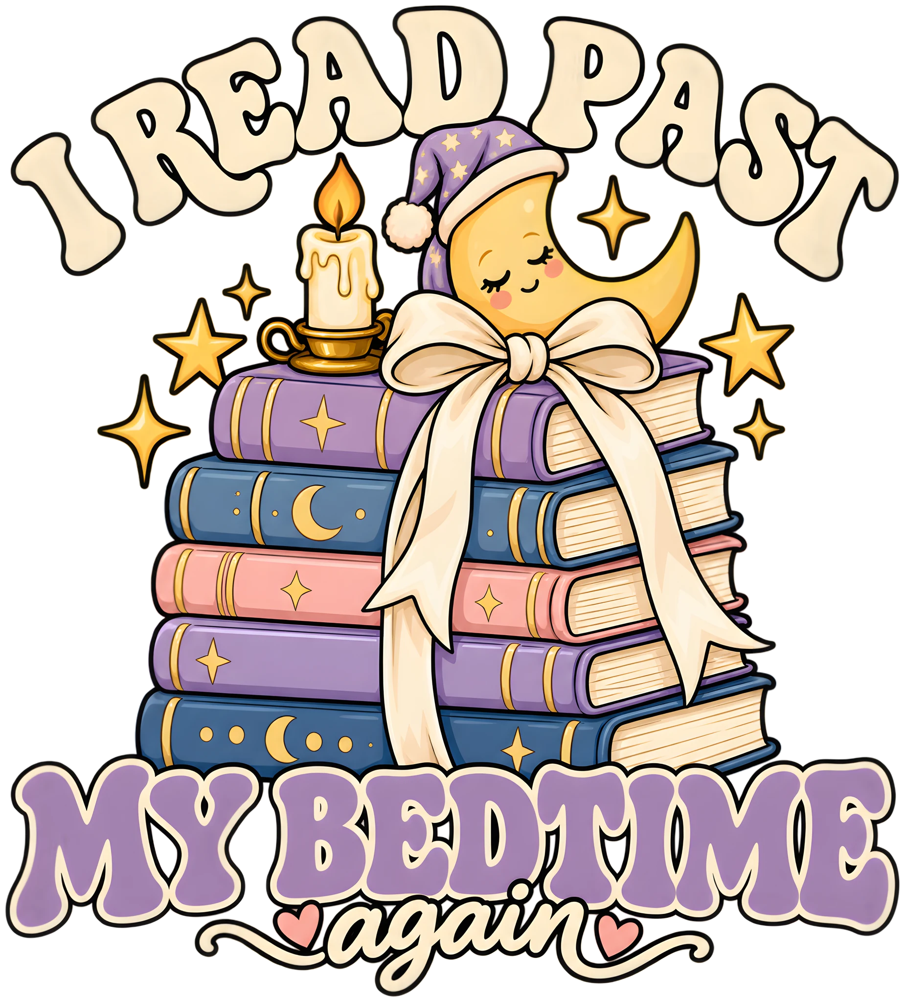 I Read Past My Bedtime Bookish Moon Book Stack Coquette Bow DTF Transfer