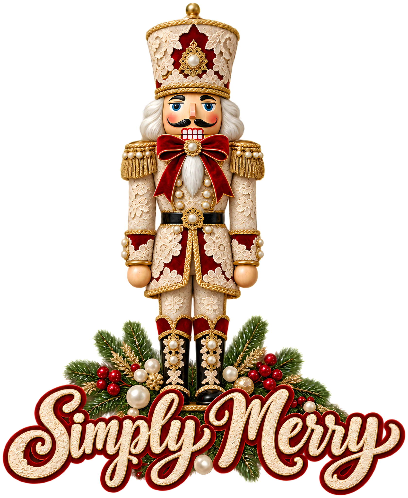 Simply Merry Faux Lace Nutcracker Red Velvet Bow Elegant Christmas DTF Transfer