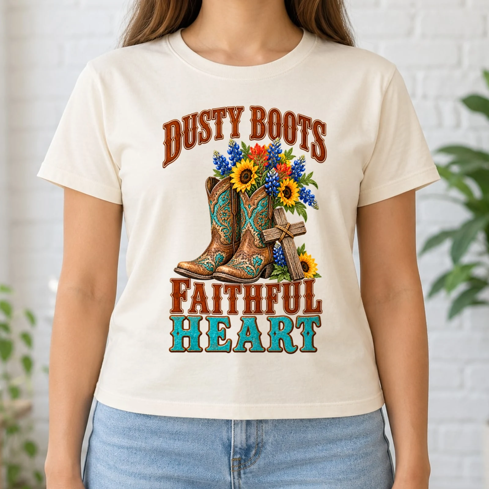 Dusty Boots Faithful Heart Western Cowgirl Boots Cross Wildflowers DTF Transfer