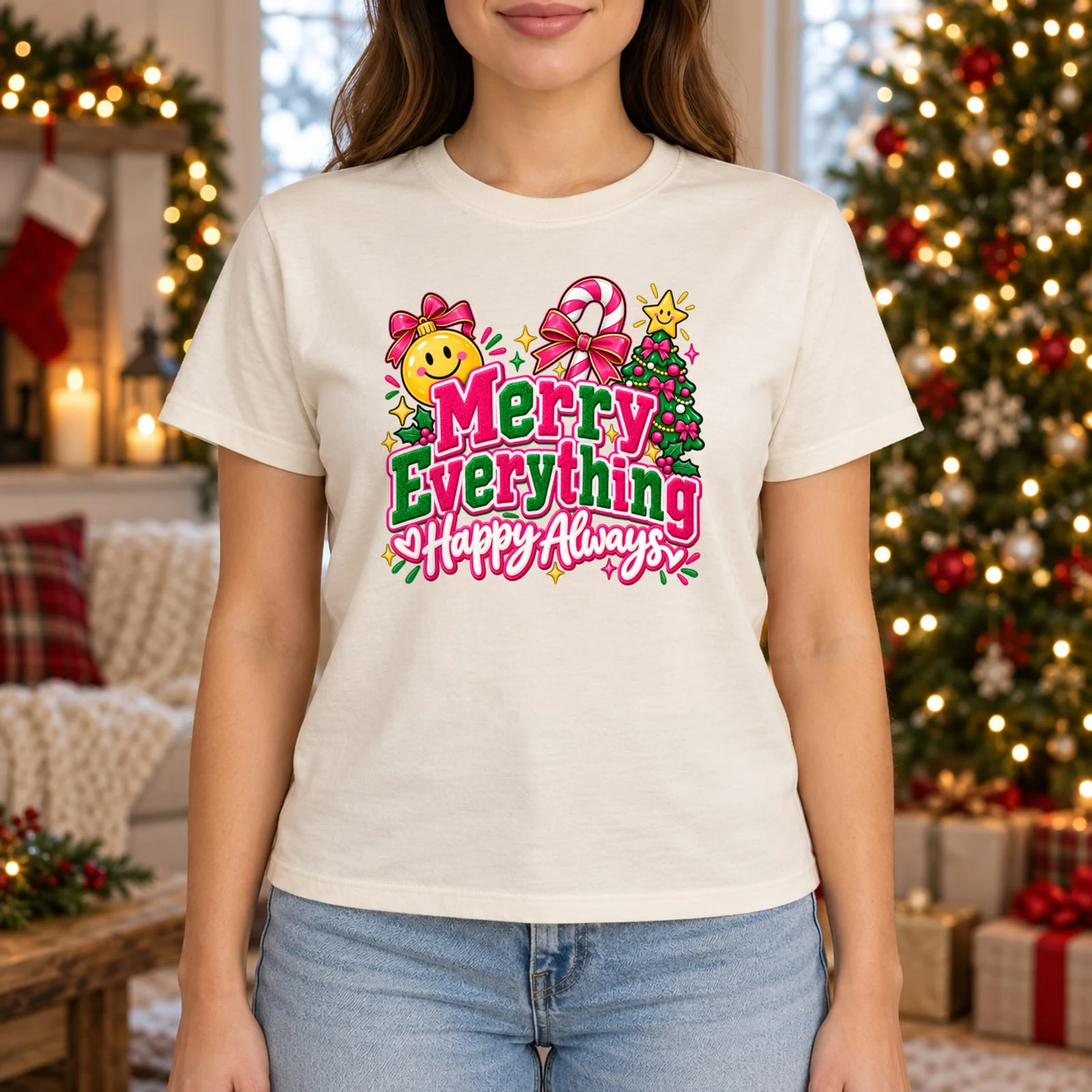 Merry Everything Happy Always Preppy Christmas Chenille Letters DTF Transfer