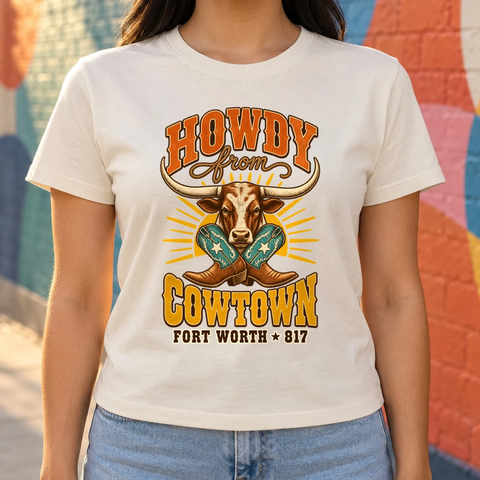 Howdy From Cowtown Fort Worth 817 Vintage Western Longhorn DTF Transfer