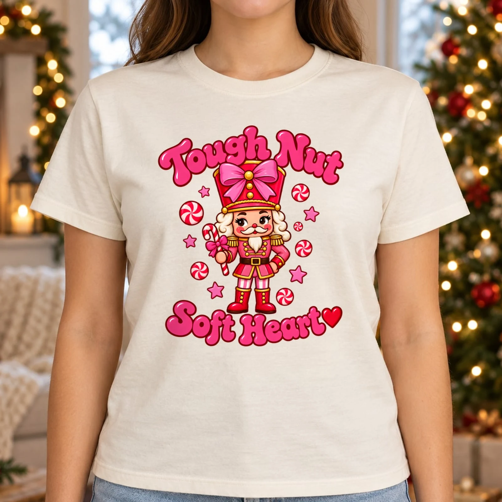 Tough Nut Soft Heart Preppy Pink Nutcracker Coquette Bow Christmas DTF Transfer