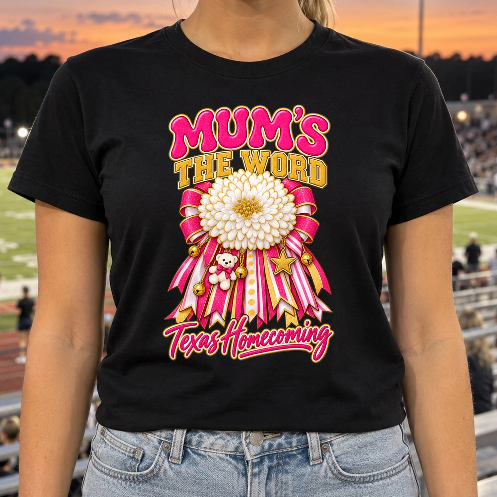 Mum's the Word Texas Homecoming Mum Glitter Ribbon DTF Transfer