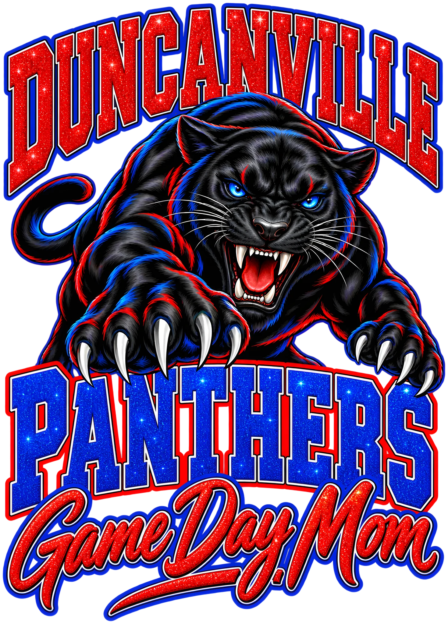 Duncanville Panthers Game Day Mom Red Royal Blue Glitter Varsity DTF Transfer