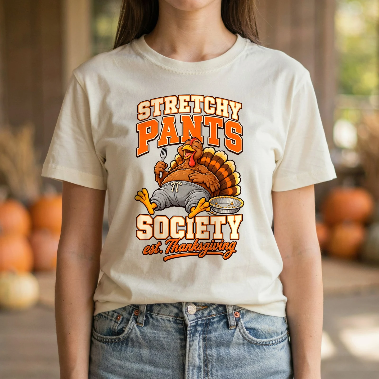 Stretchy Pants Society Funny Thanksgiving Turkey Retro Varsity DTF Transfer