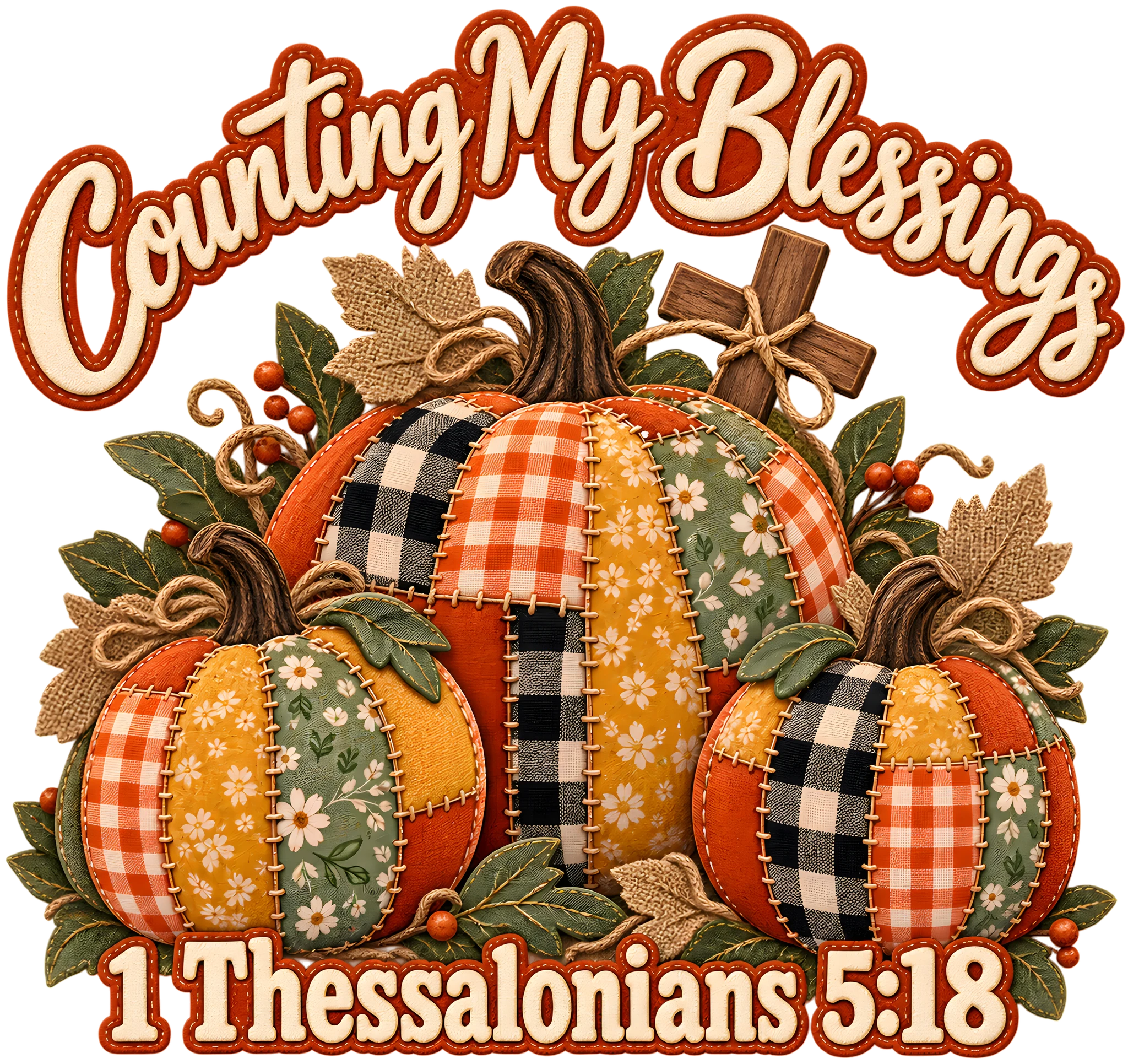 Counting My Blessings 1 Thessalonians 518 Faux Patchwork Pumpkin DTF Transfer