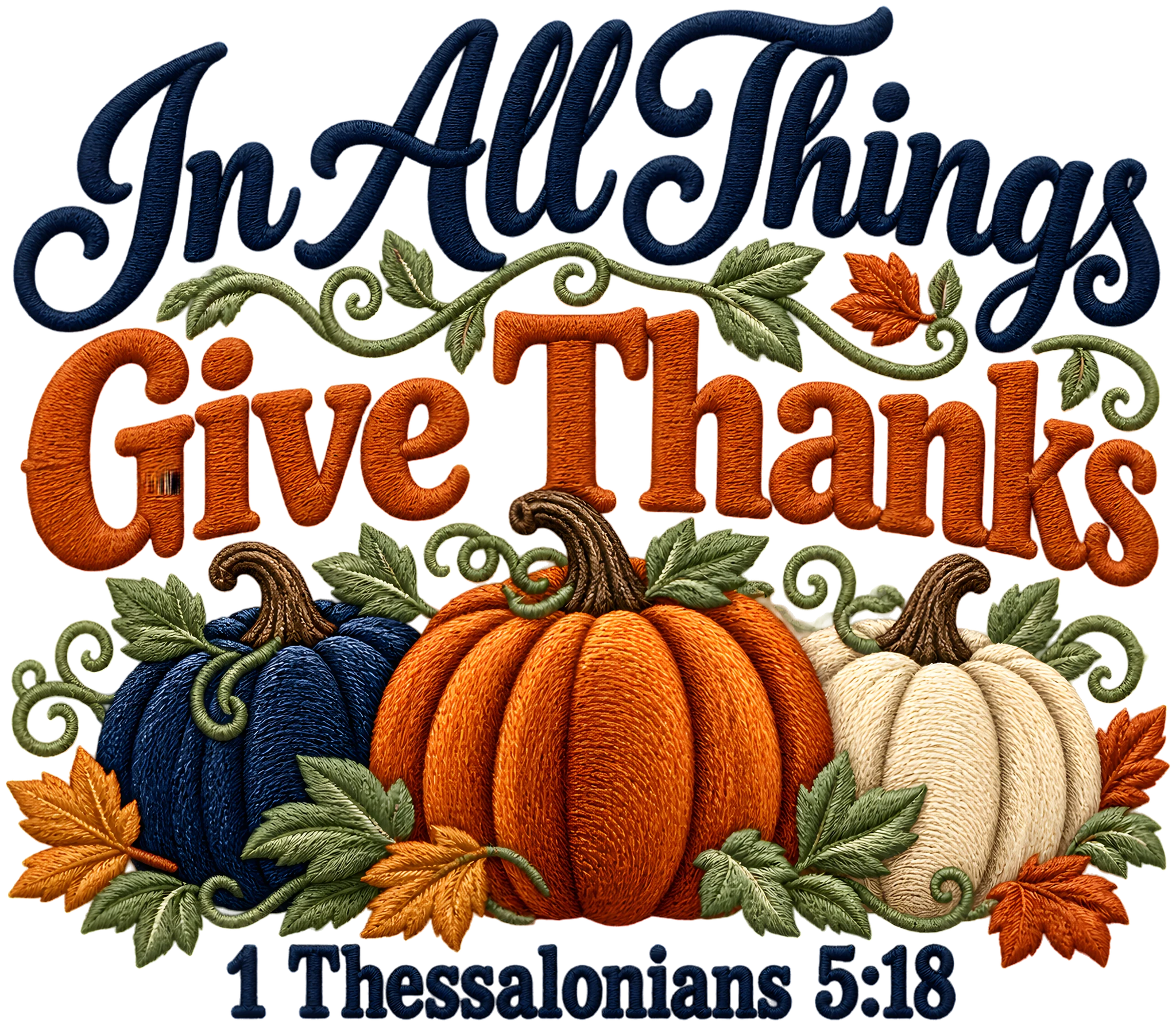 In All Things Give Thanks 1 Thessalonians 5:18 Faux Embroidery Pumpkin DTF Transfer