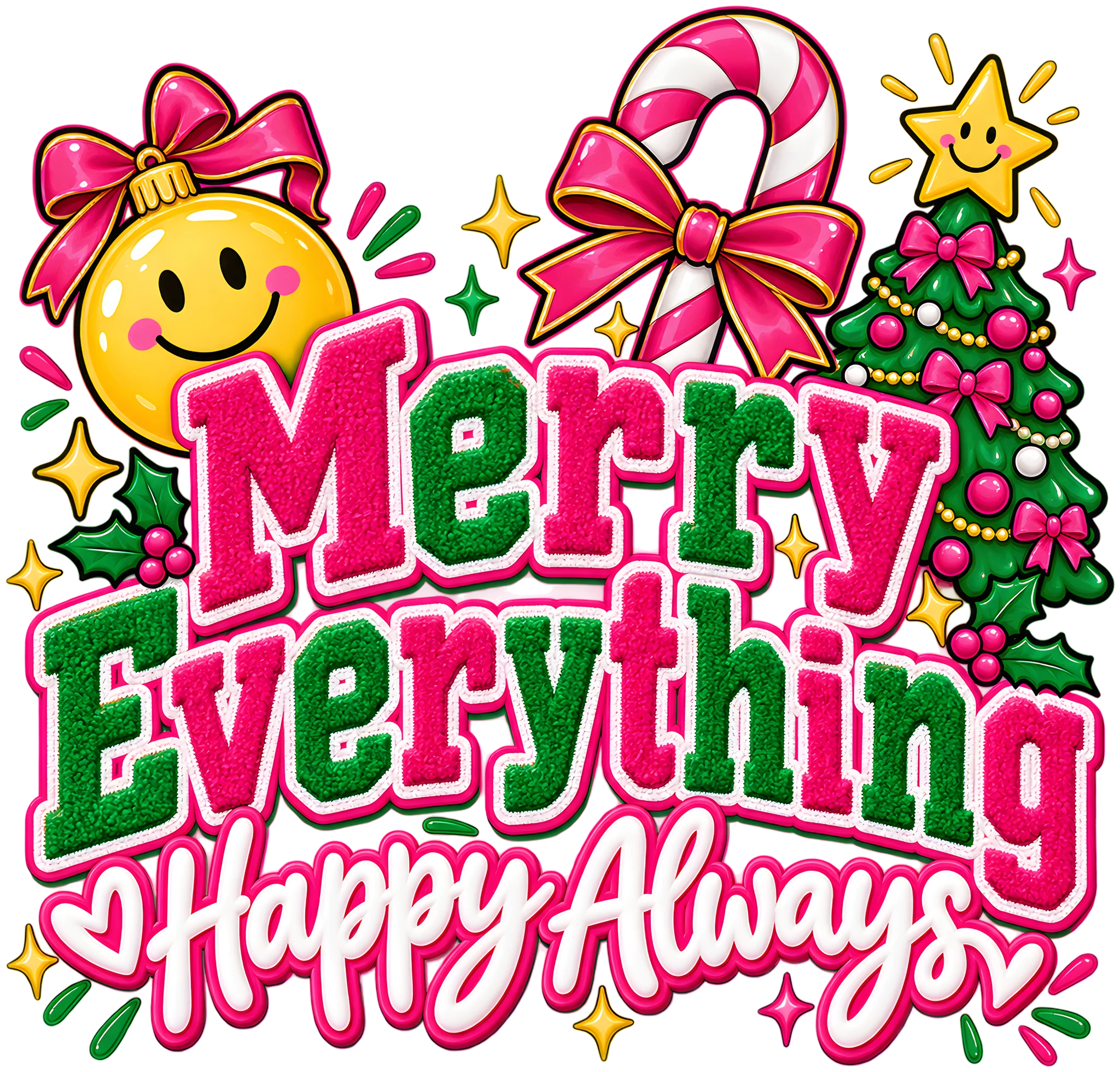 Merry Everything Happy Always Preppy Christmas Chenille Letters DTF Transfer
