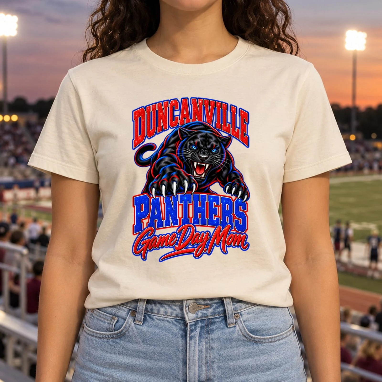 Duncanville Panthers Game Day Mom Red Royal Blue Glitter Varsity DTF Transfer