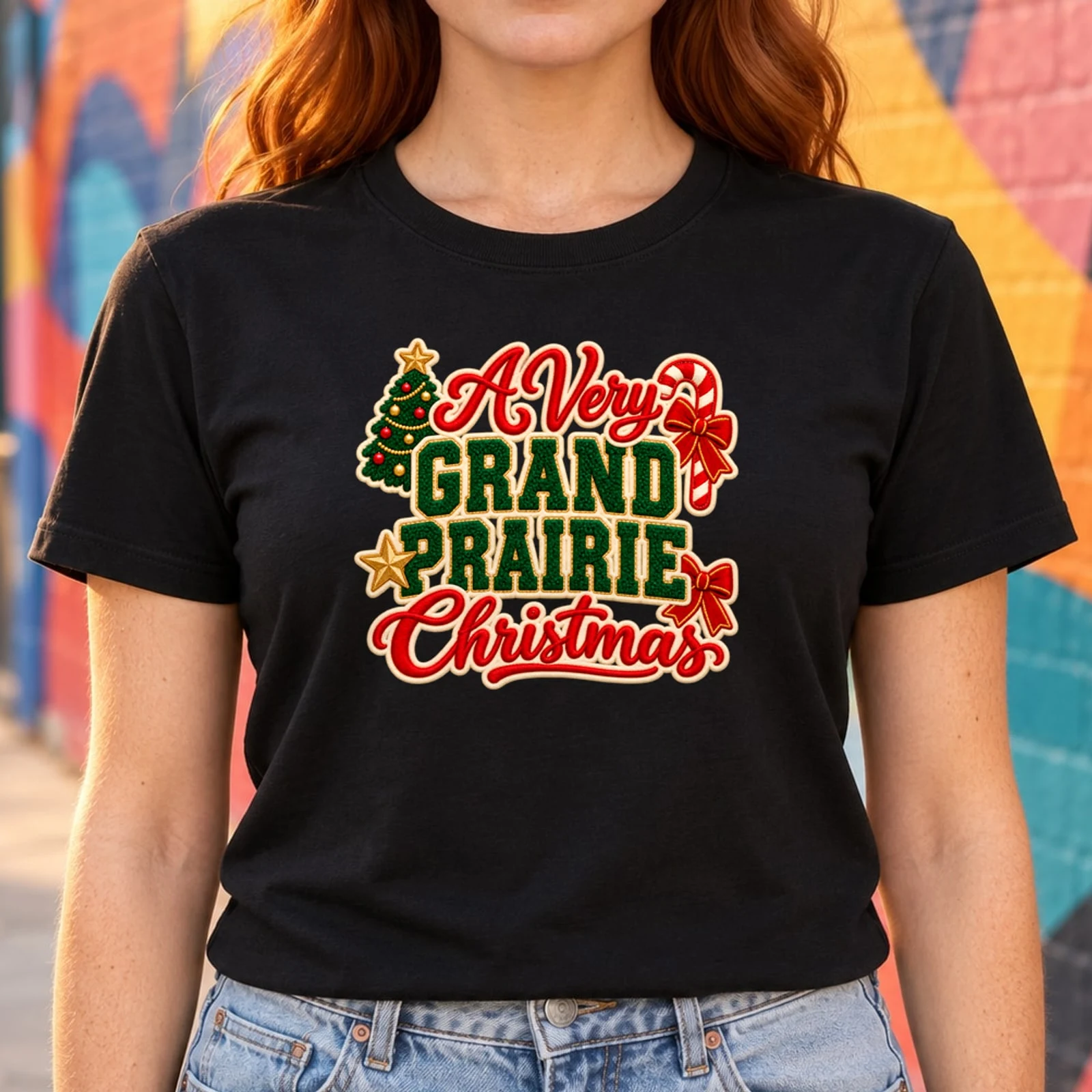 A Very Grand Prairie Christmas Faux Chenille Patch Letters DTF Transfer