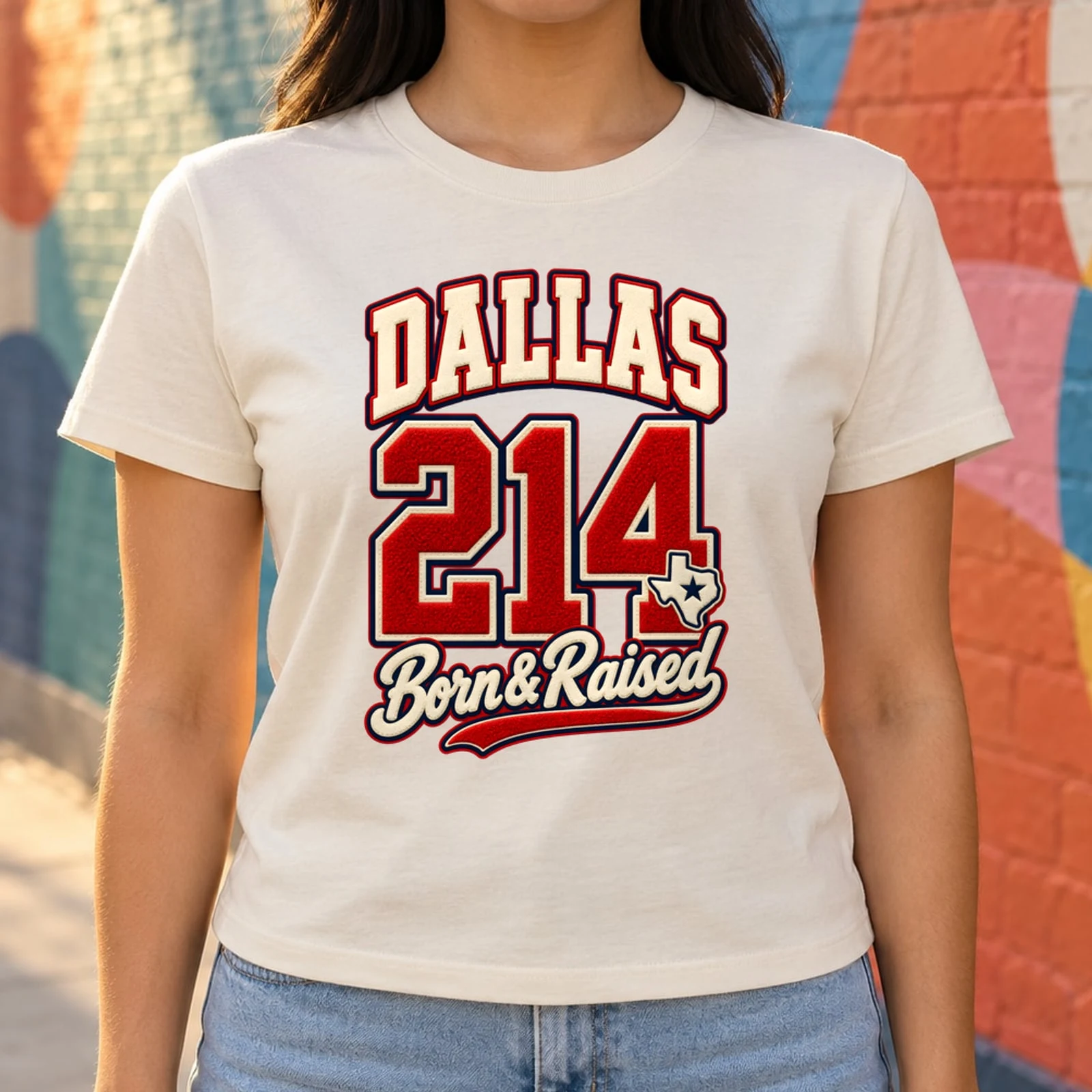 Dallas 214 Born and Raised Faux Chenille Varsity Area Code DTF Transfer