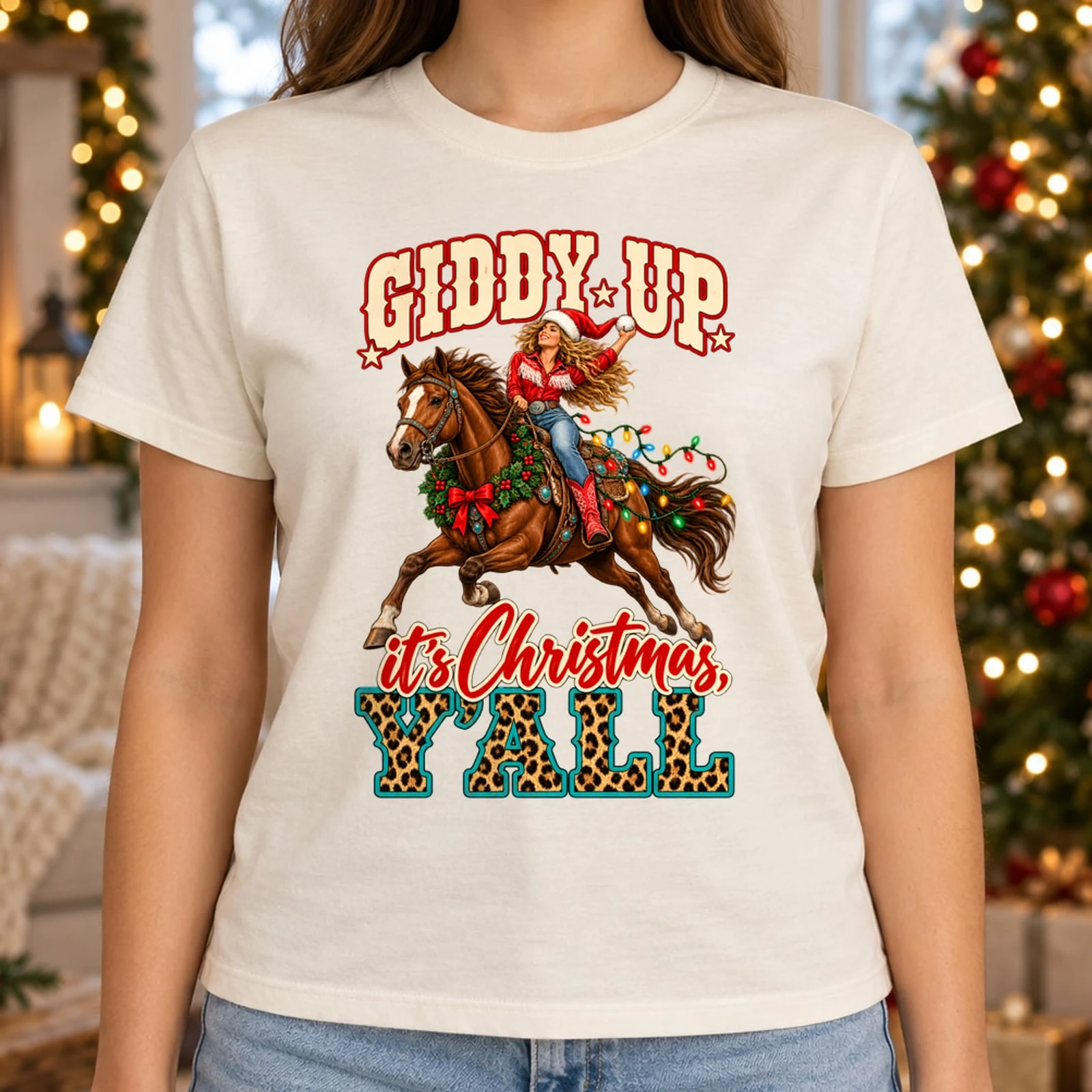 Giddy Up It's Christmas Y'all Cowgirl Horse Christmas Lights Western DTF Transfer