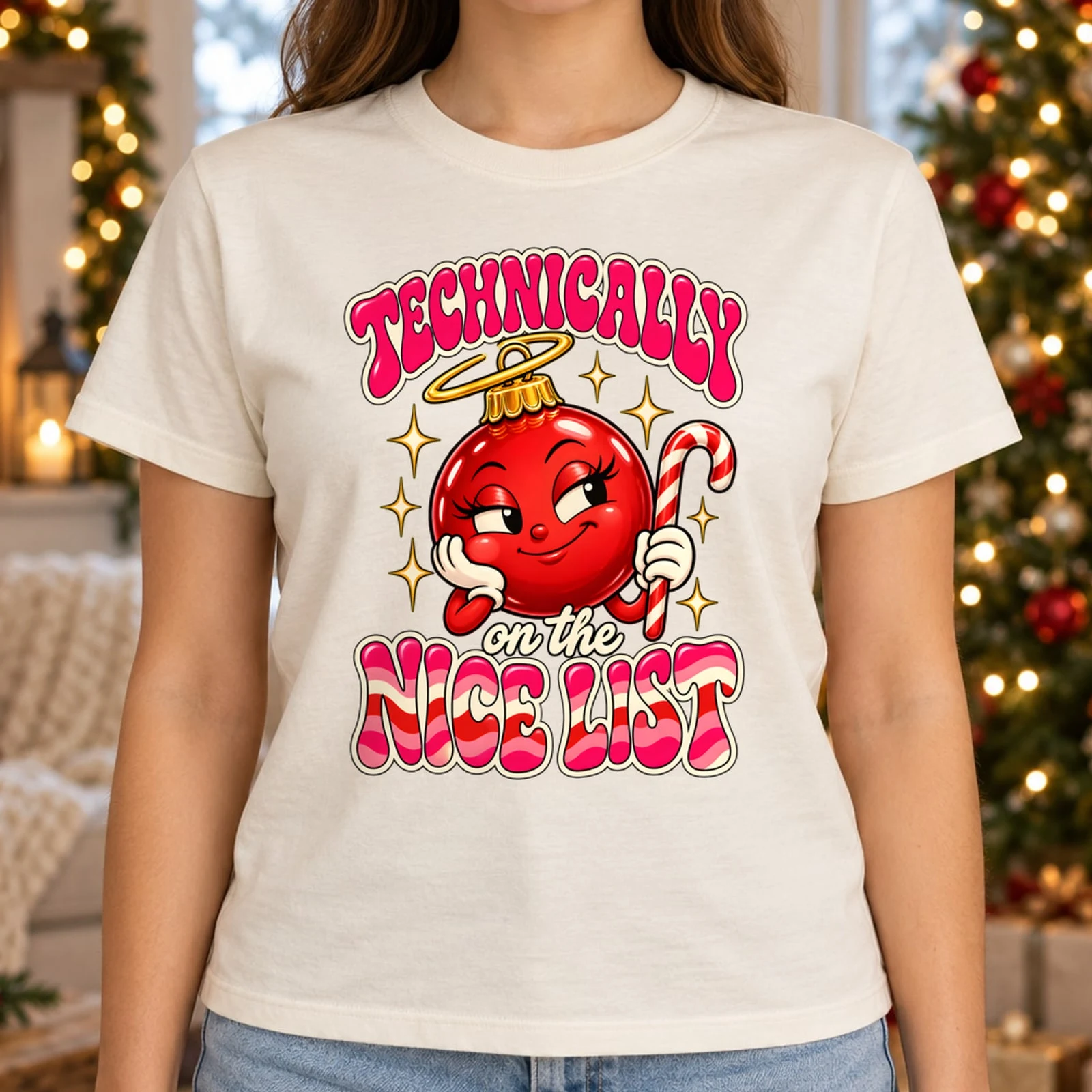 Technically on the Nice List Funny Sassy Christmas Retro Groovy DTF Transfer