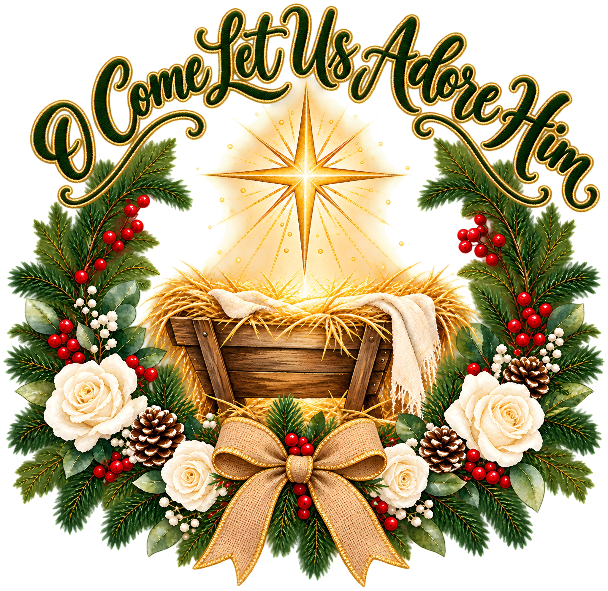 O Come Let Us Adore Him Watercolor Nativity Star Christmas DTF Transfer