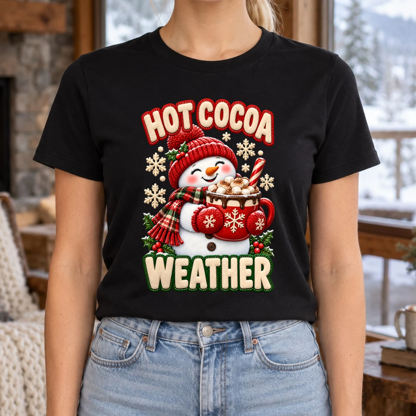 Hot Cocoa Weather Snowman Faux Chenille Winter DTF Transfer