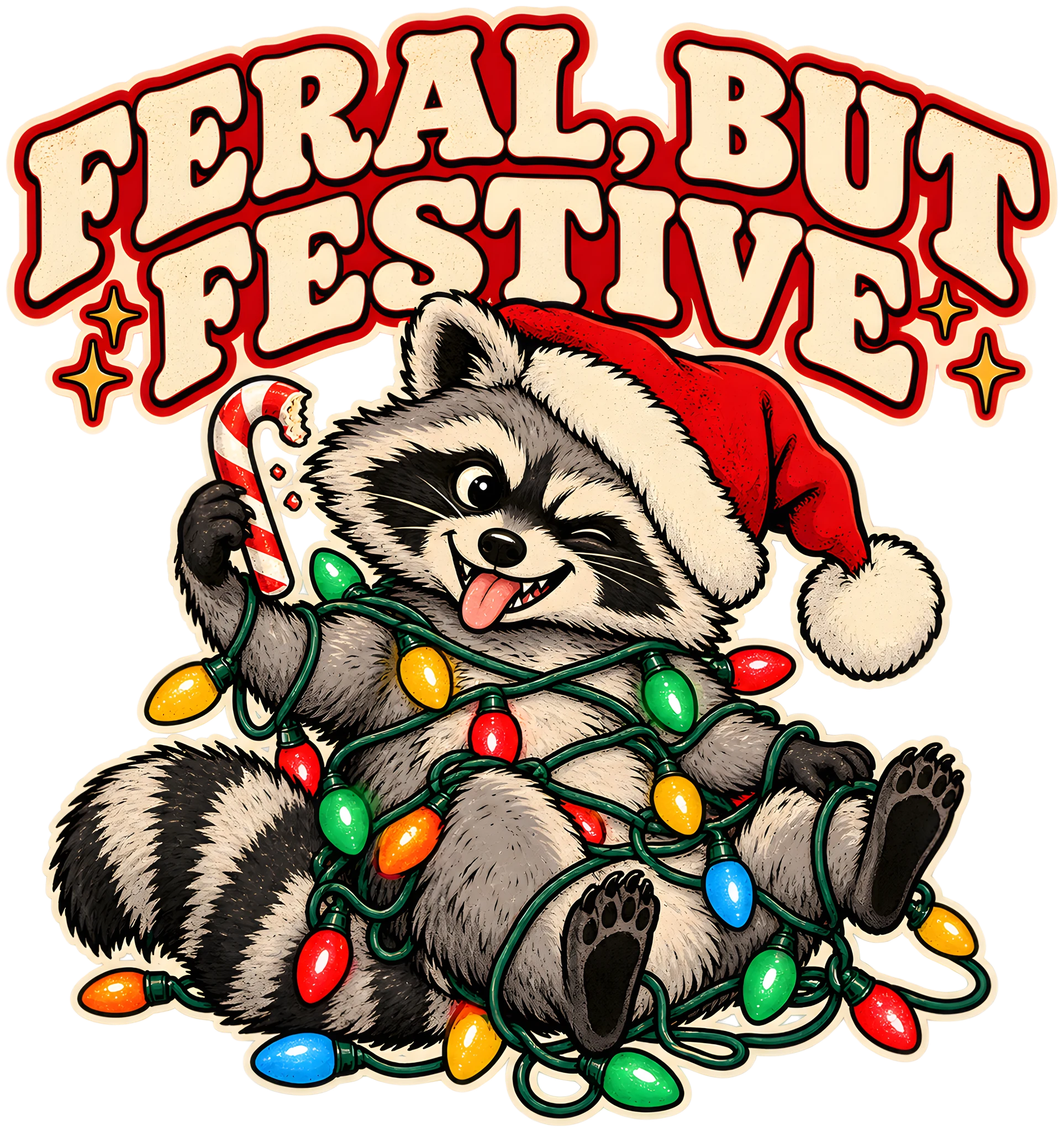 Feral But Festive Raccoon Christmas Lights Funny DTF Transfer