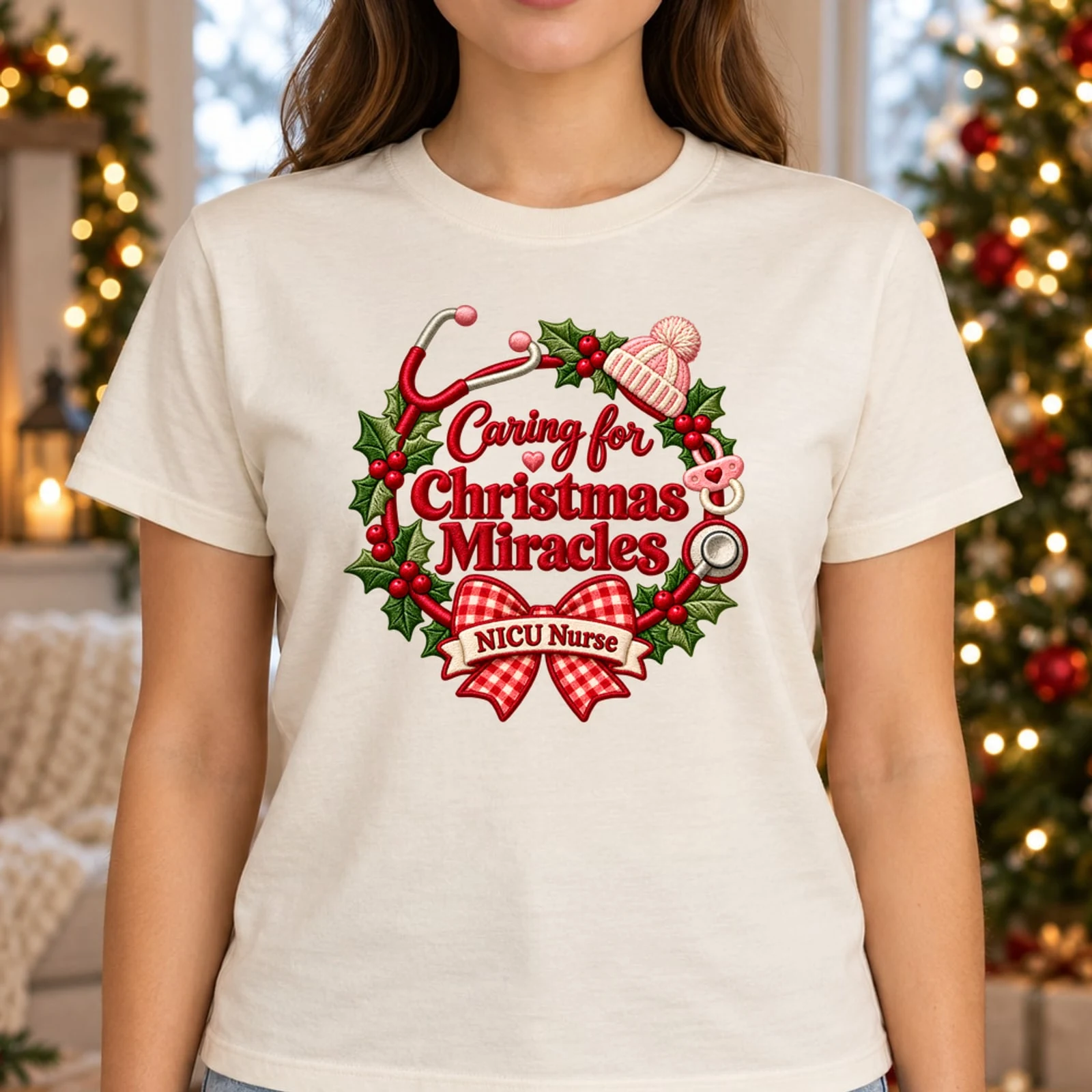 NICU Nurse Caring for Christmas Miracles Faux Embroidery Christmas DTF Transfer