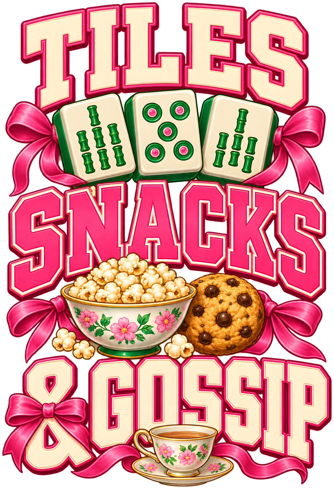 Tiles Snacks and Gossip Mahjong Night Varsity Pink Bow DTF Transfer