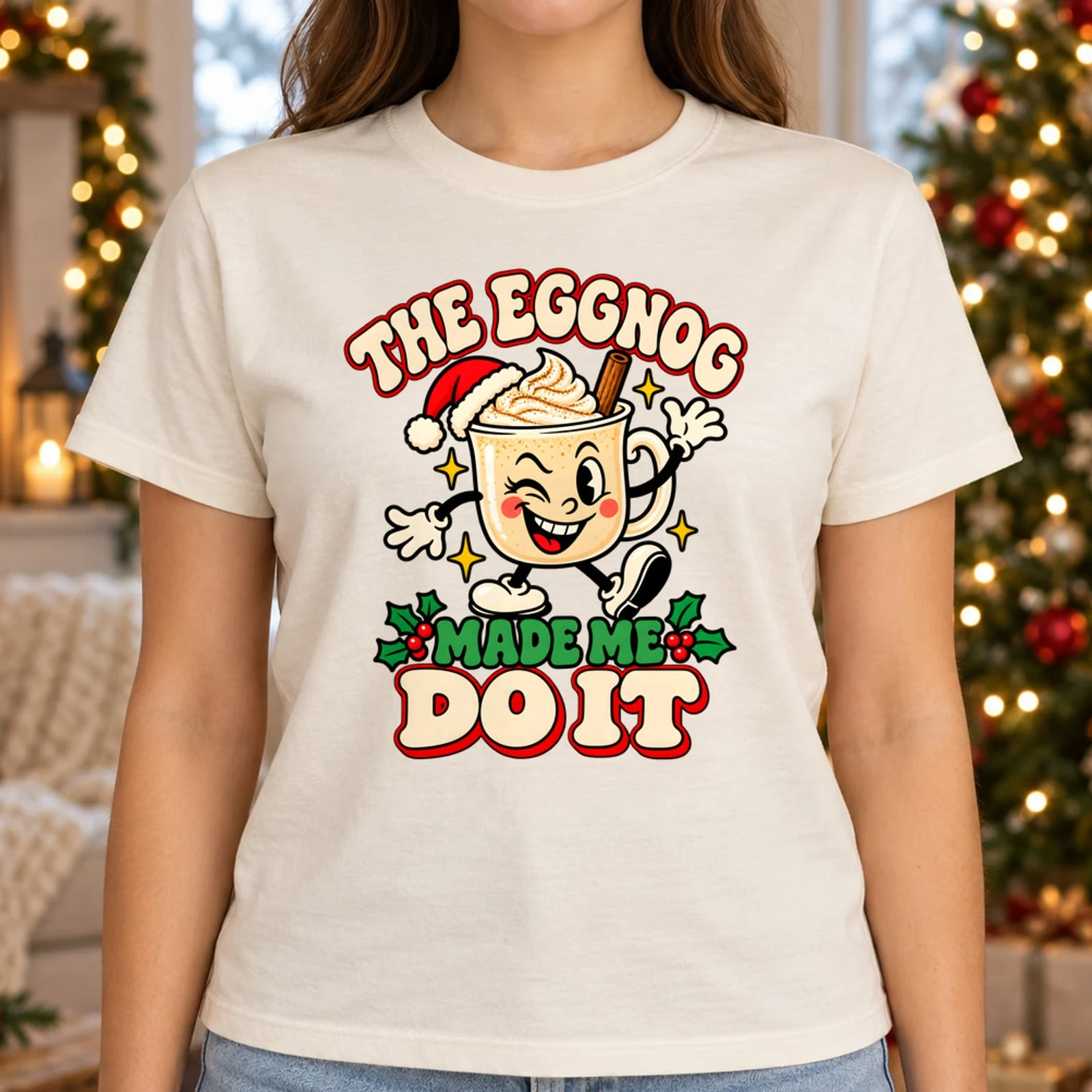 The Eggnog Made Me Do It Funny Christmas Drink Retro Cartoon DTF Transfer