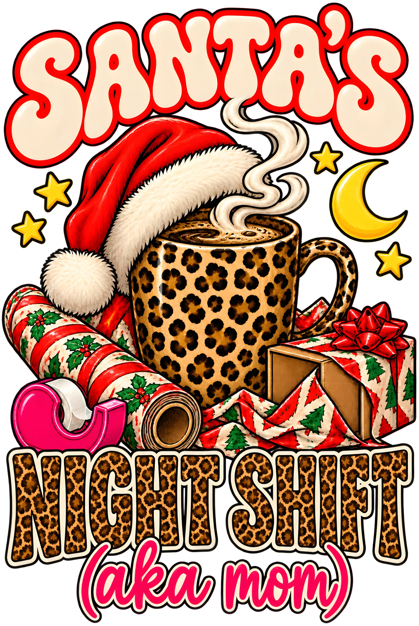 Santa's Night Shift aka Mom Funny Christmas Mom Leopard Retro DTF Transfer