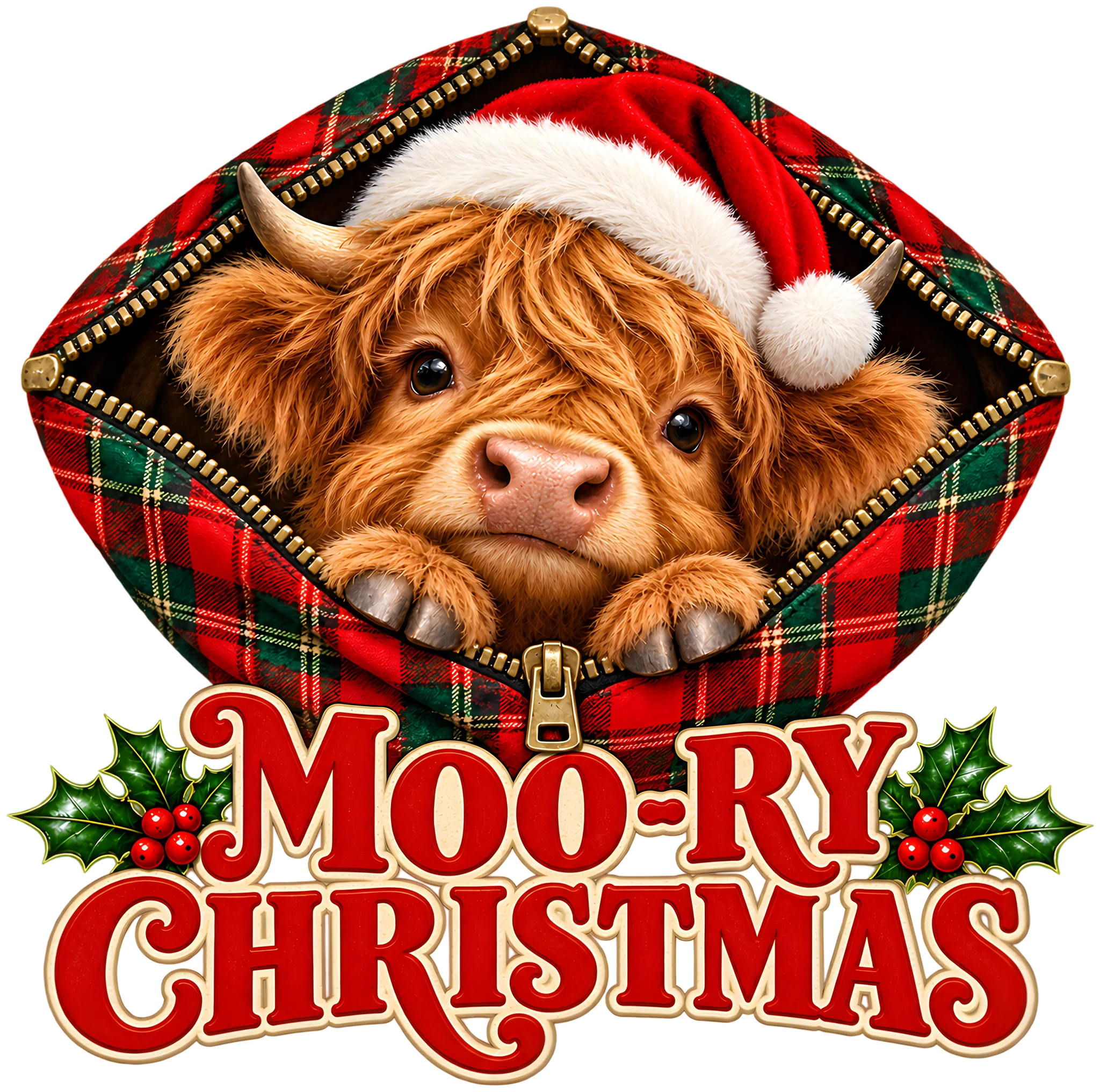 Moo-ry Christmas Highland Cow Zipper Peek-a-Boo DTF Transfer