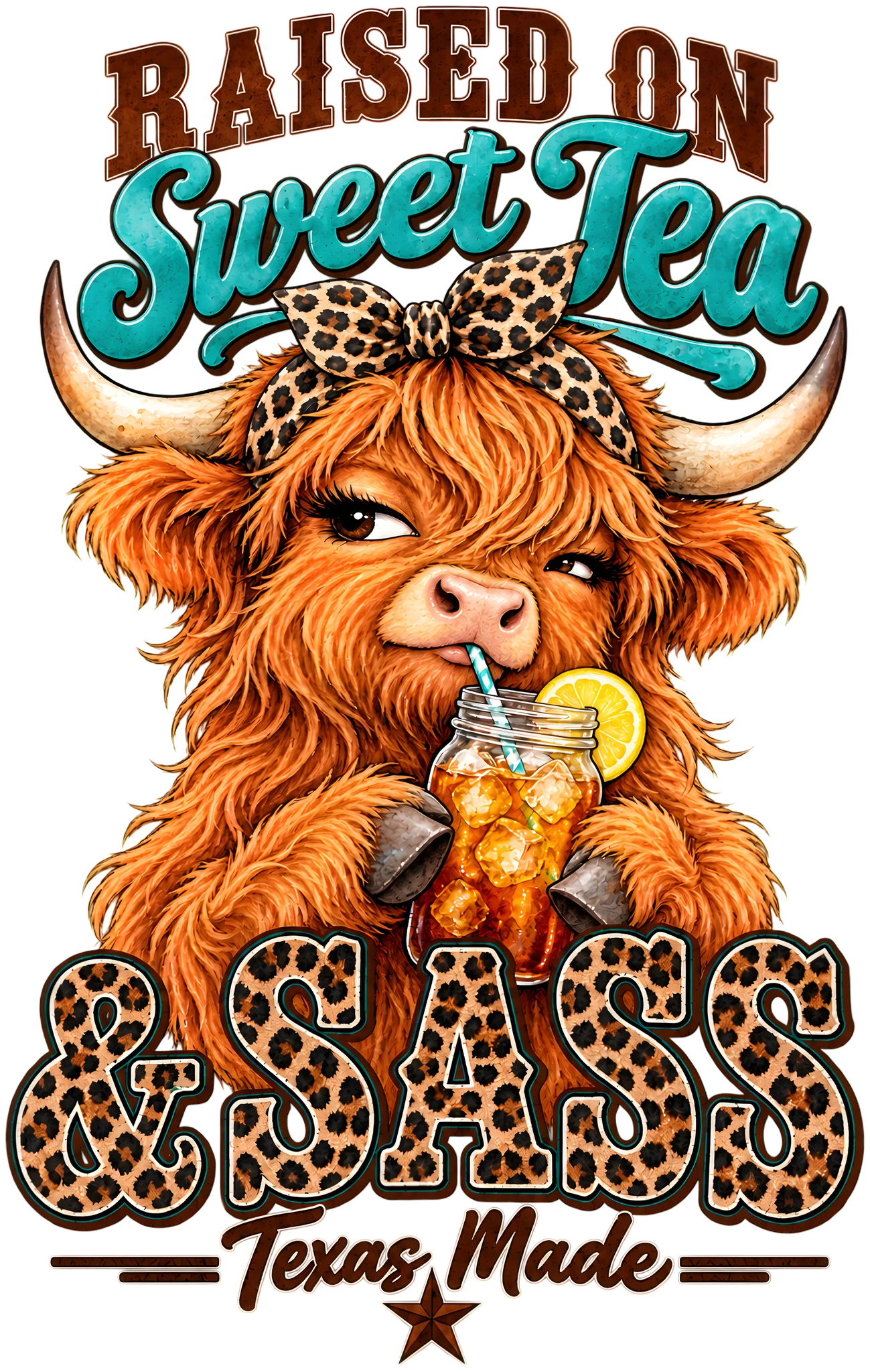 Raised on Sweet Tea and Sass Texas Highland Cow Leopard Bow Western DTF Transfer