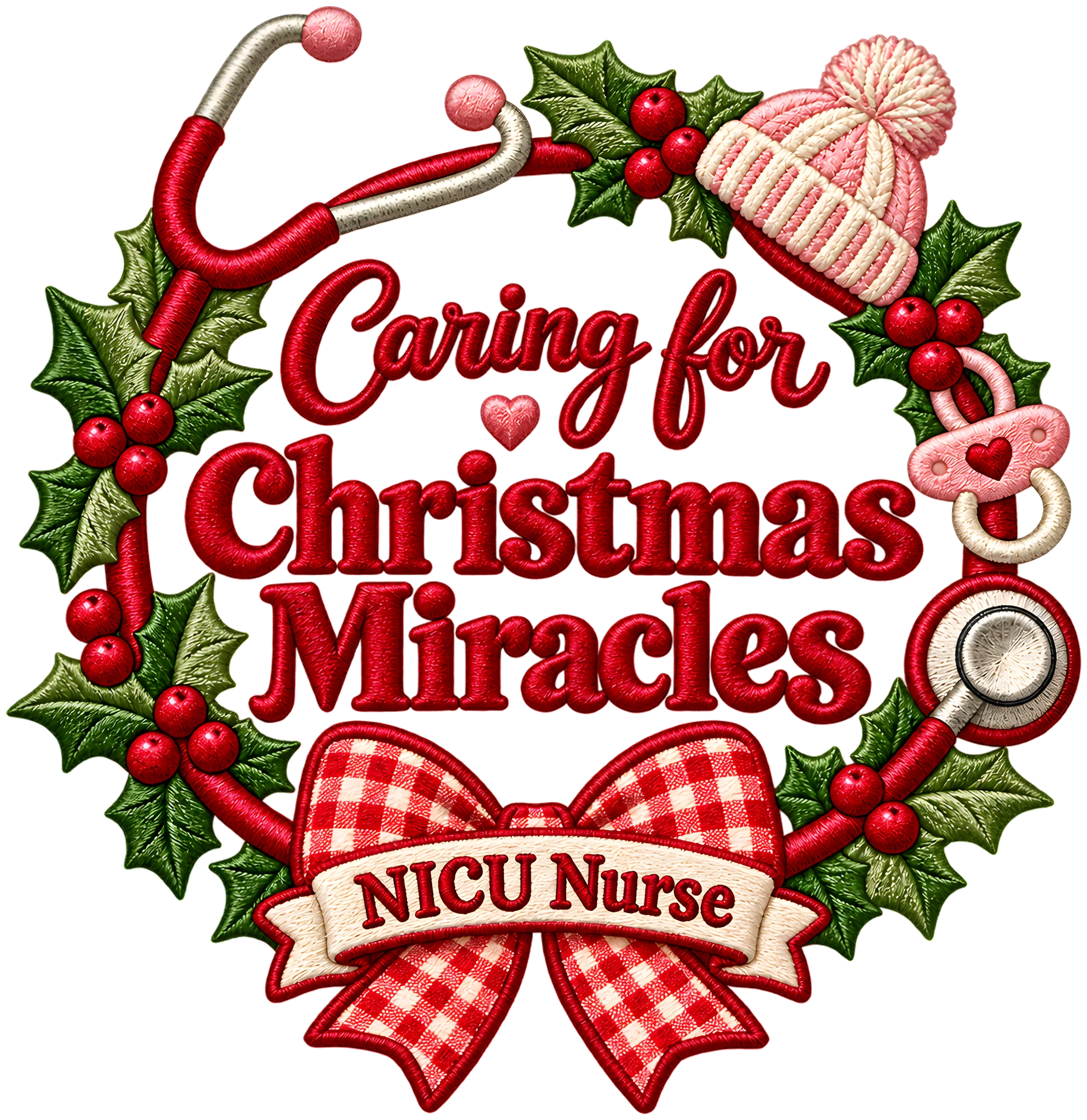 NICU Nurse Caring for Christmas Miracles Faux Embroidery Christmas DTF Transfer