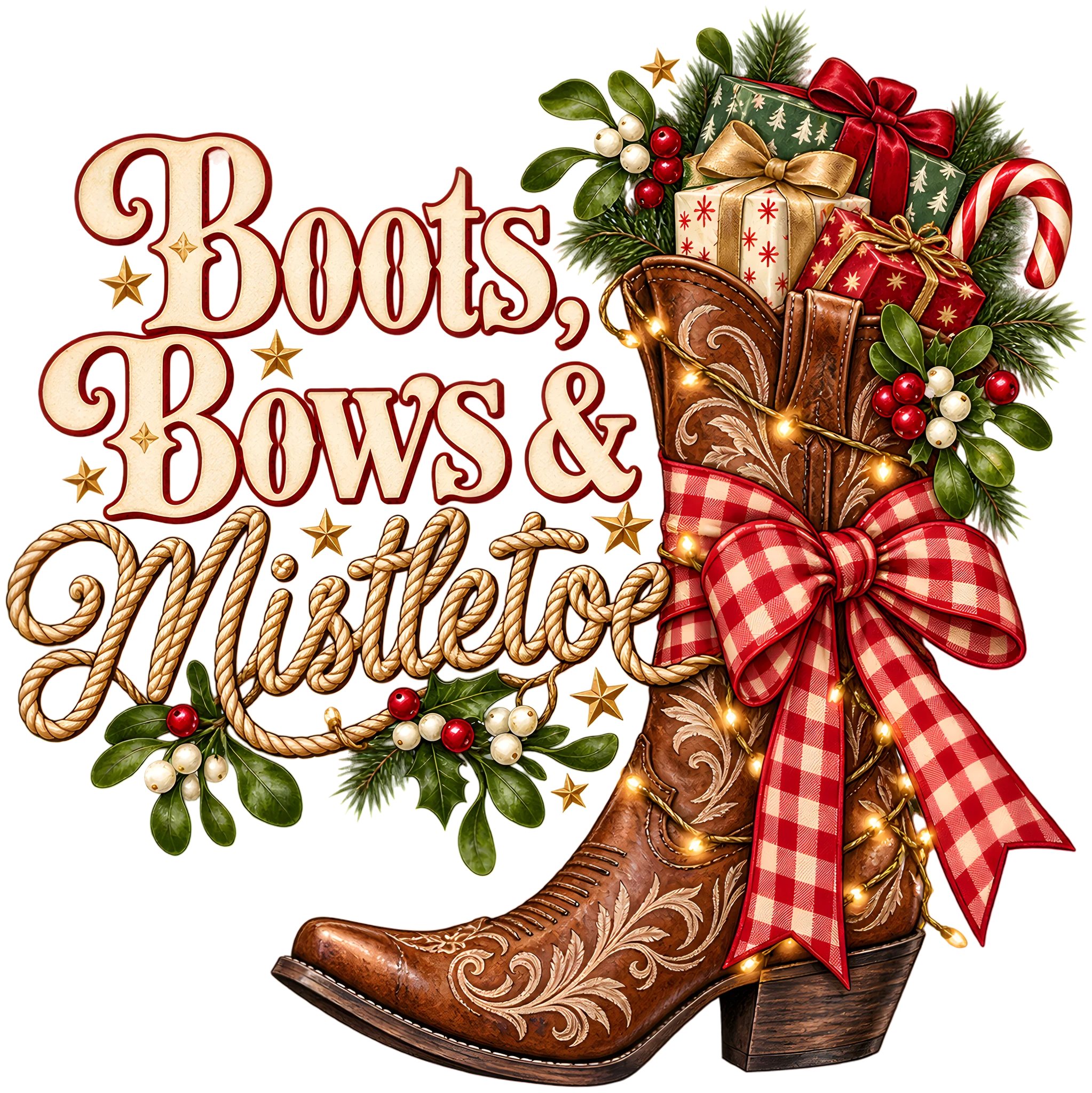 Boots Bows and Mistletoe Western Cowboy Boot Stocking Christmas DTF Transfer