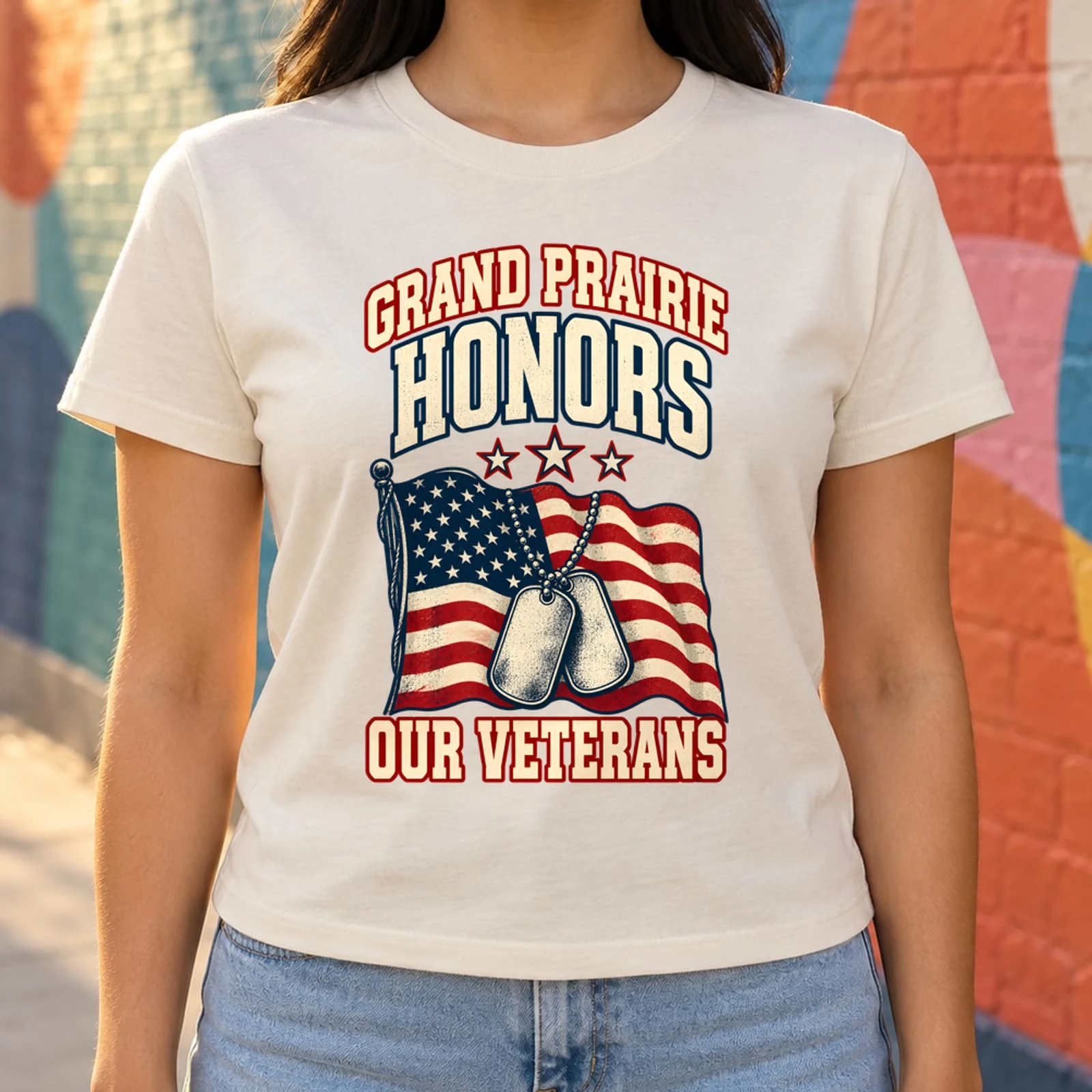 Grand Prairie Honors Our Veterans Vintage Flag Dog Tags Veterans Day DTF Transfer