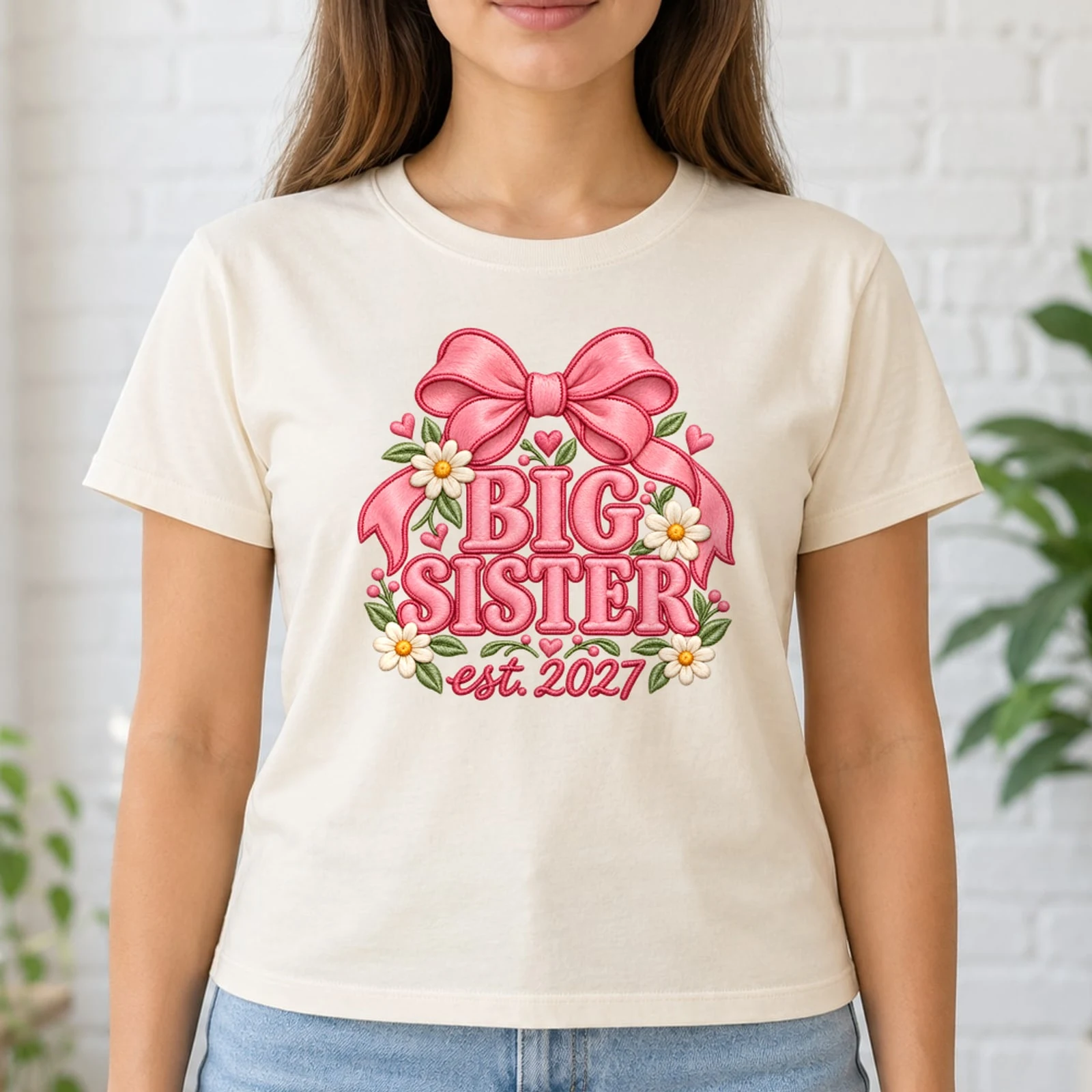 Big Sister Est 2027 Coquette Bow Faux Embroidery Announcement DTF Transfer