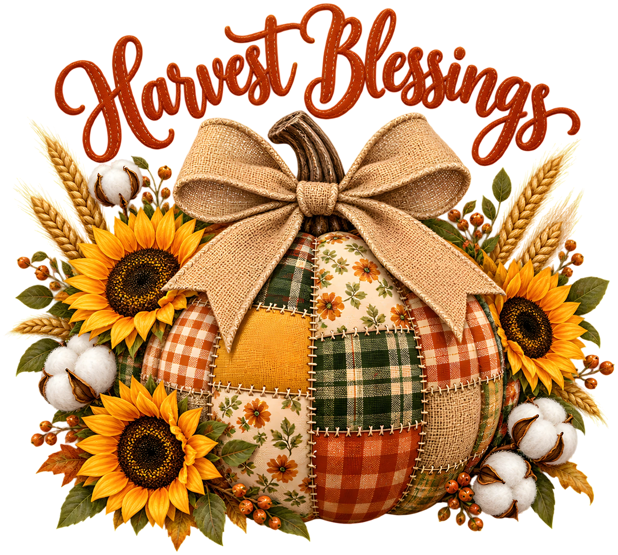 Harvest Blessings Faux Patchwork Pumpkin Sunflower Fall DTF Transfer