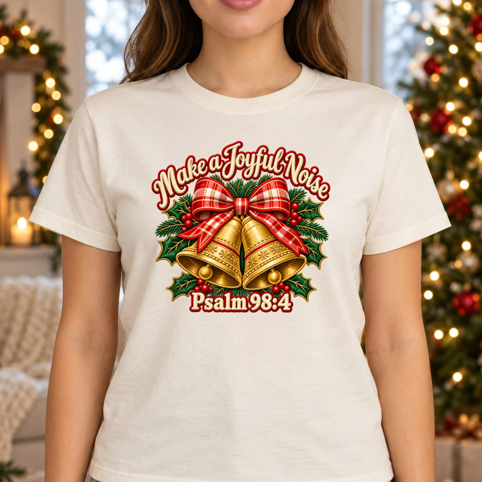 Make a Joyful Noise Psalm 98:4 Faux Embroidery Christmas Bells DTF Transfer