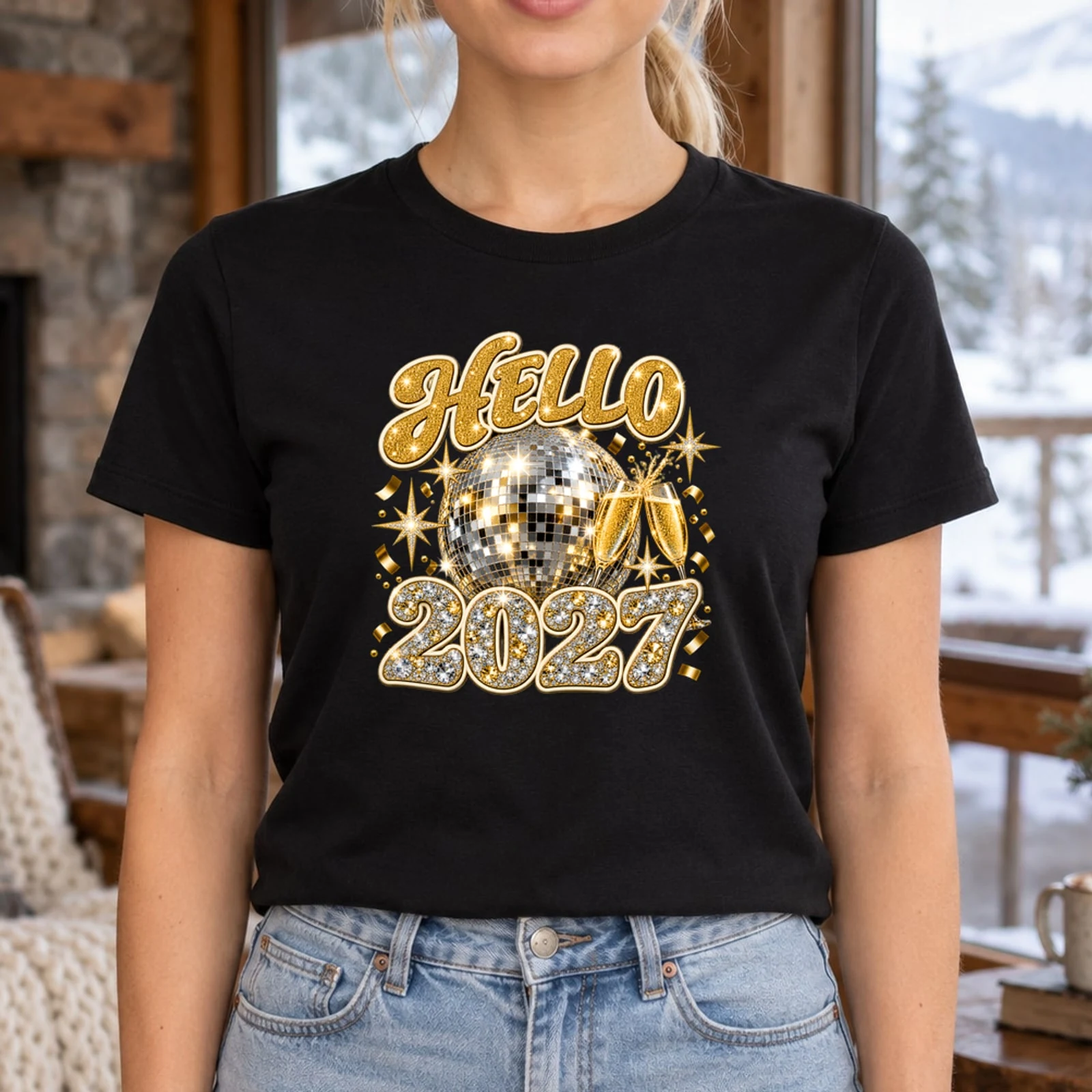 Hello 2027 Faux Rhinestone Disco Ball New Year's Eve DTF Transfer