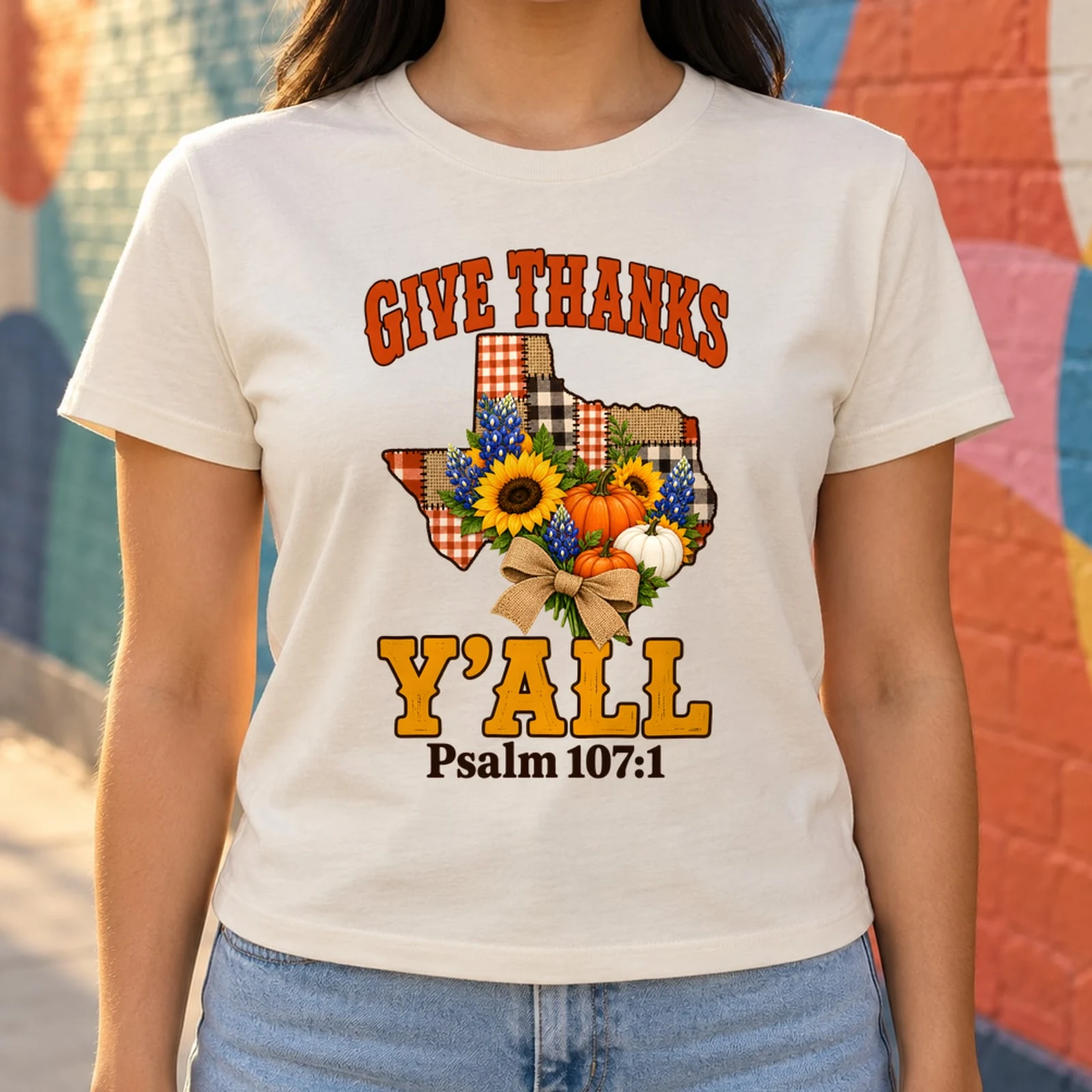 Give Thanks Y'all Psalm 107:1 Texas Pumpkin Patchwork Thanksgiving DTF Transfer