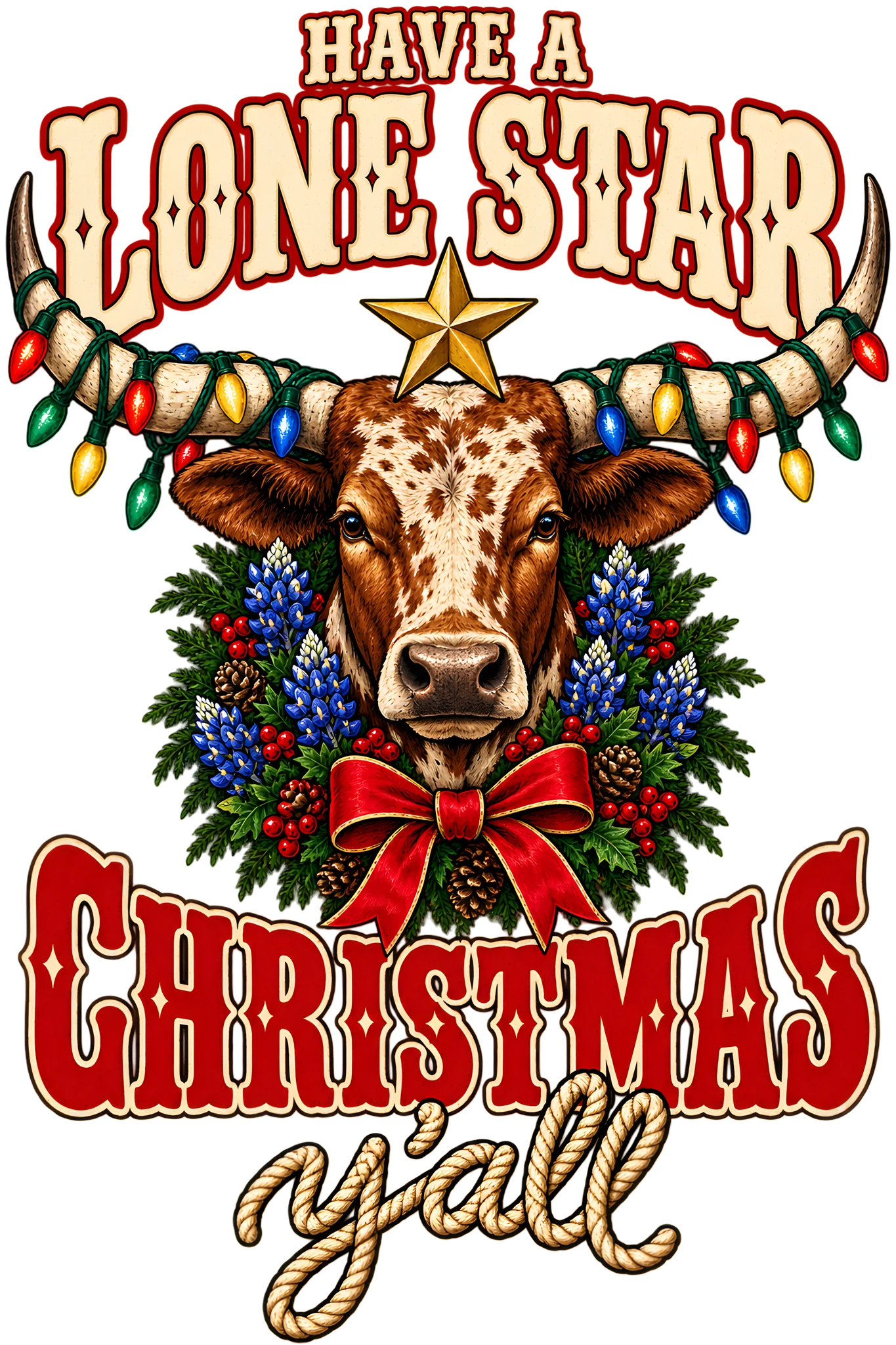 Have a Lone Star Christmas Y'all Longhorn Christmas Lights Western DTF Transfer