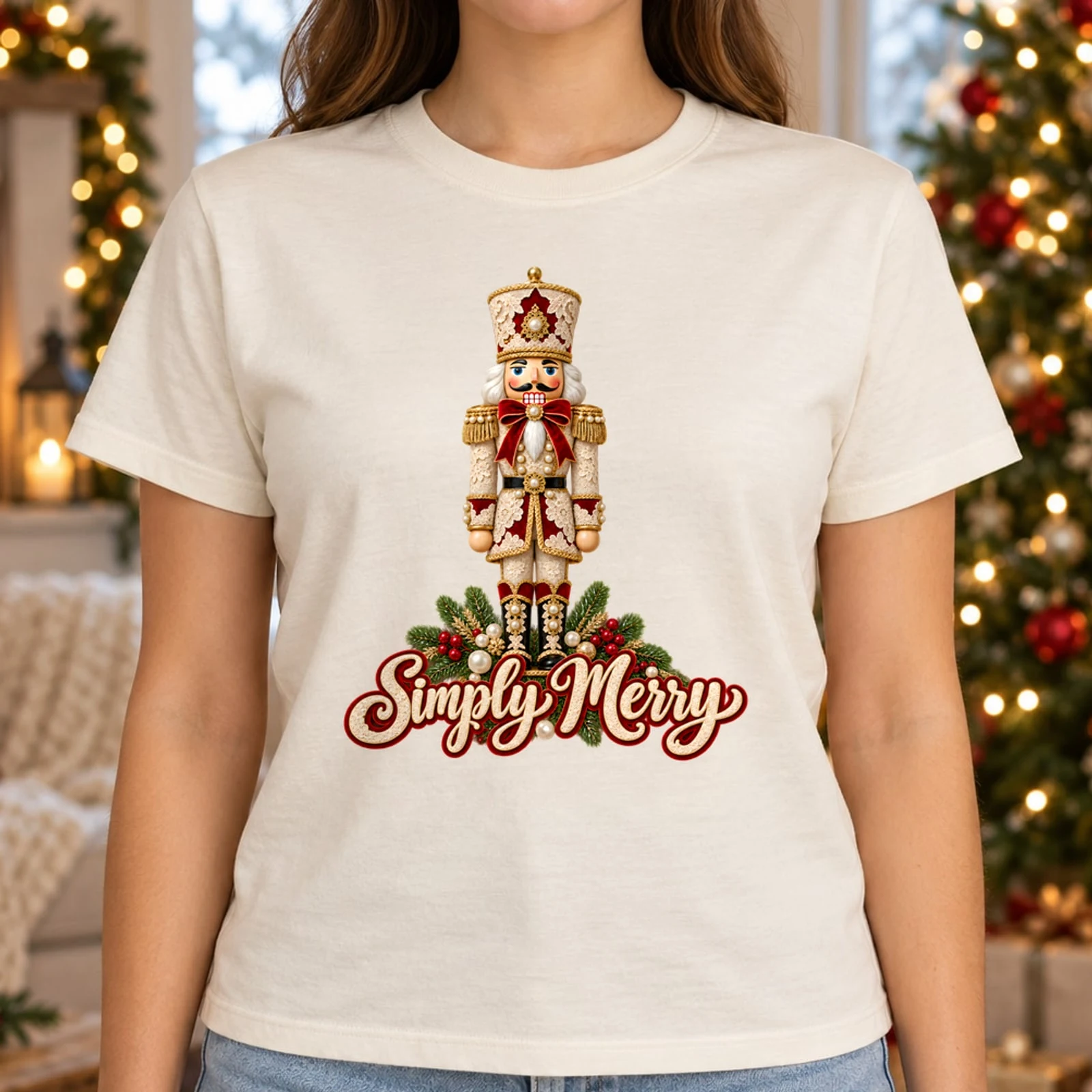 Simply Merry Faux Lace Nutcracker Red Velvet Bow Elegant Christmas DTF Transfer