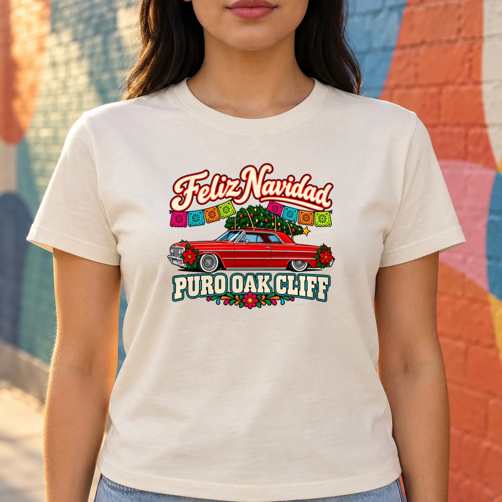 Feliz Navidad Puro Oak Cliff Lowrider Christmas Tree Folk Art DTF Transfer