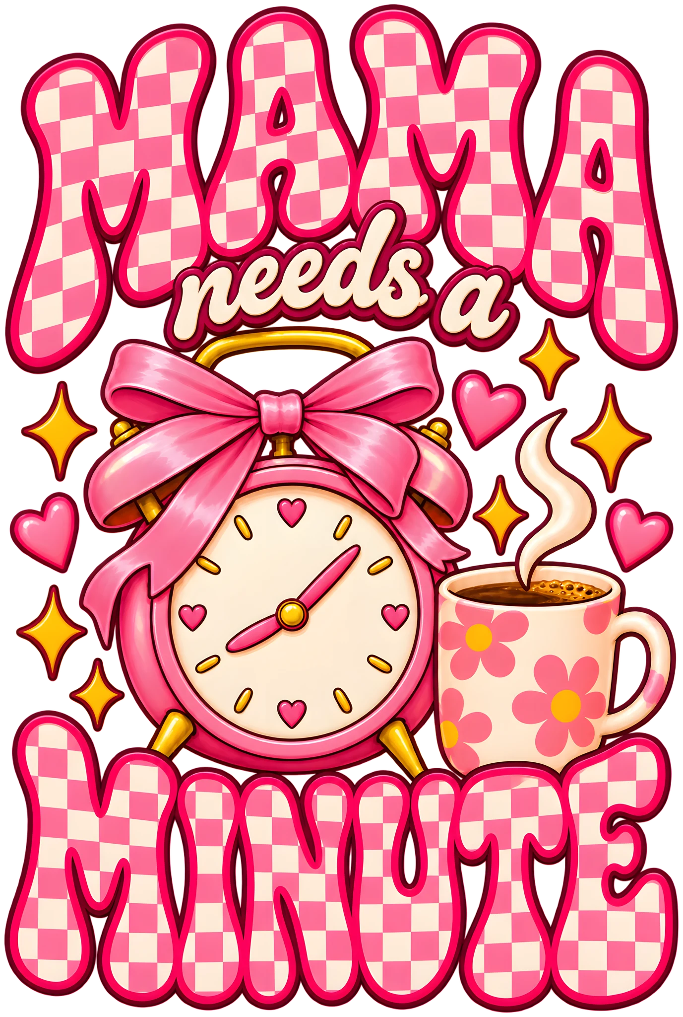 Mama Needs a Minute Funny Retro Groovy Checkered Bow Mom DTF Transfer