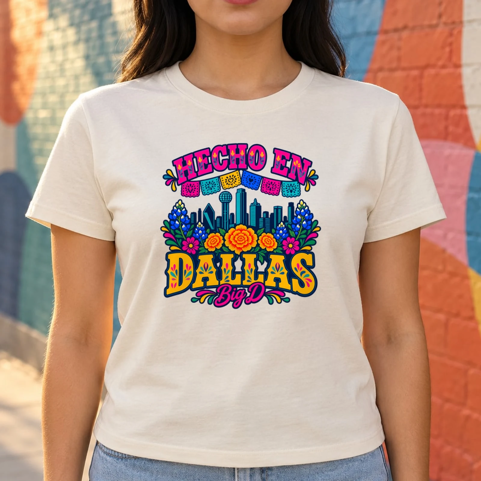 Hecho en Dallas Big D Folk Art Papel Picado Skyline City Pride DTF Transfer