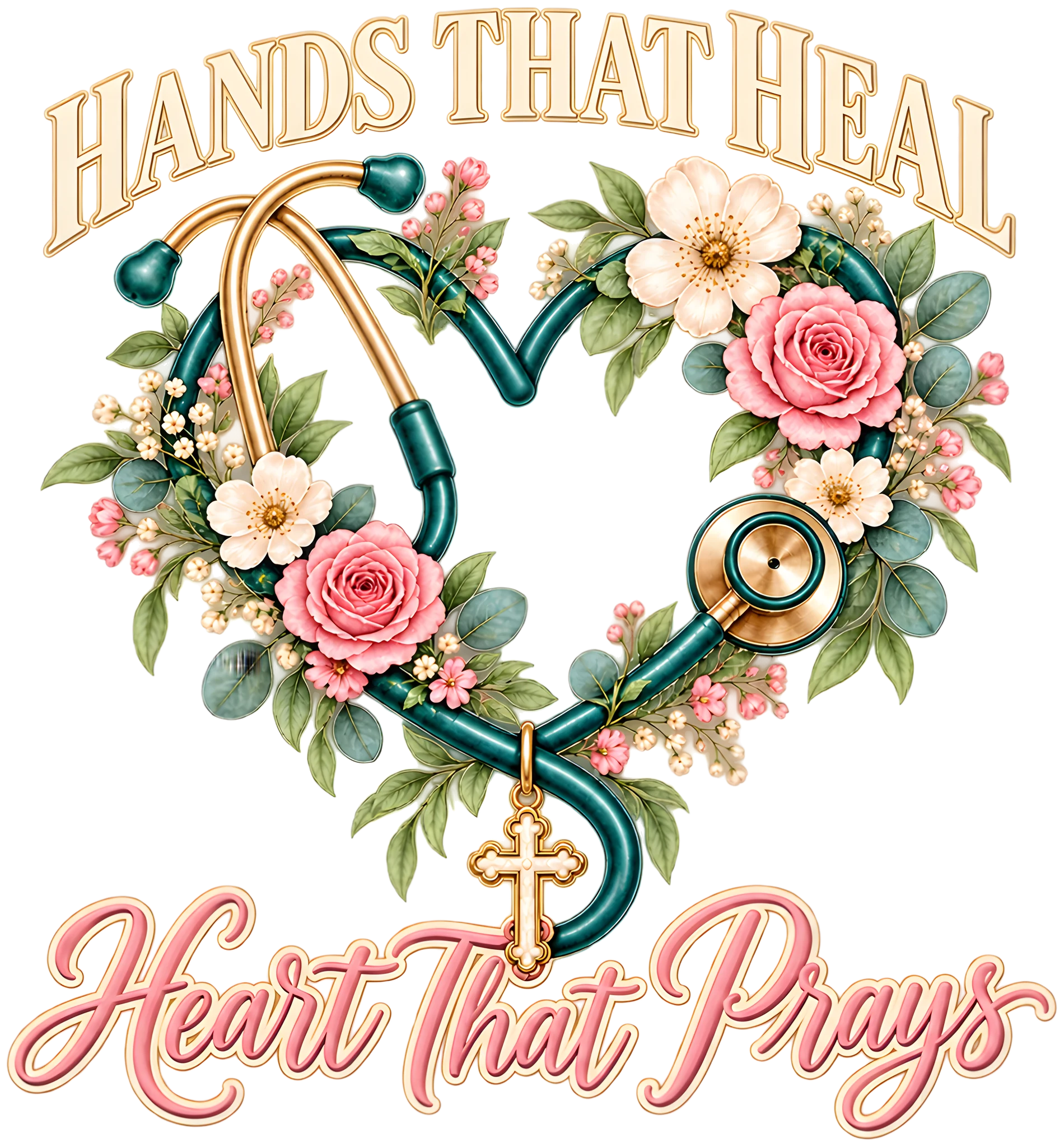 Hands That Heal Heart That Prays Nurse Stethoscope Floral DTF Transfer