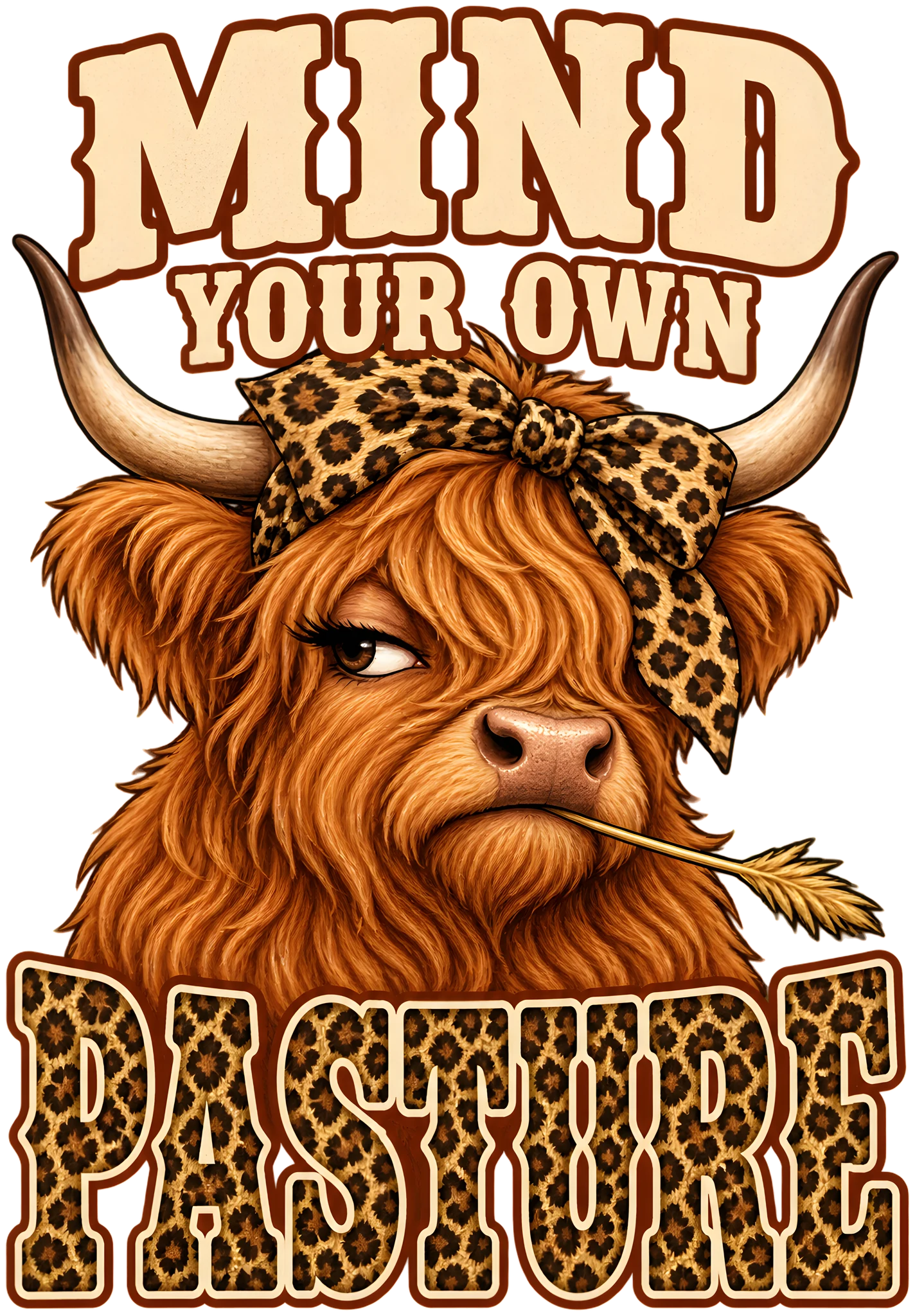 Mind Your Own Pasture Sassy Highland Cow Leopard Bow DTF Transfer
