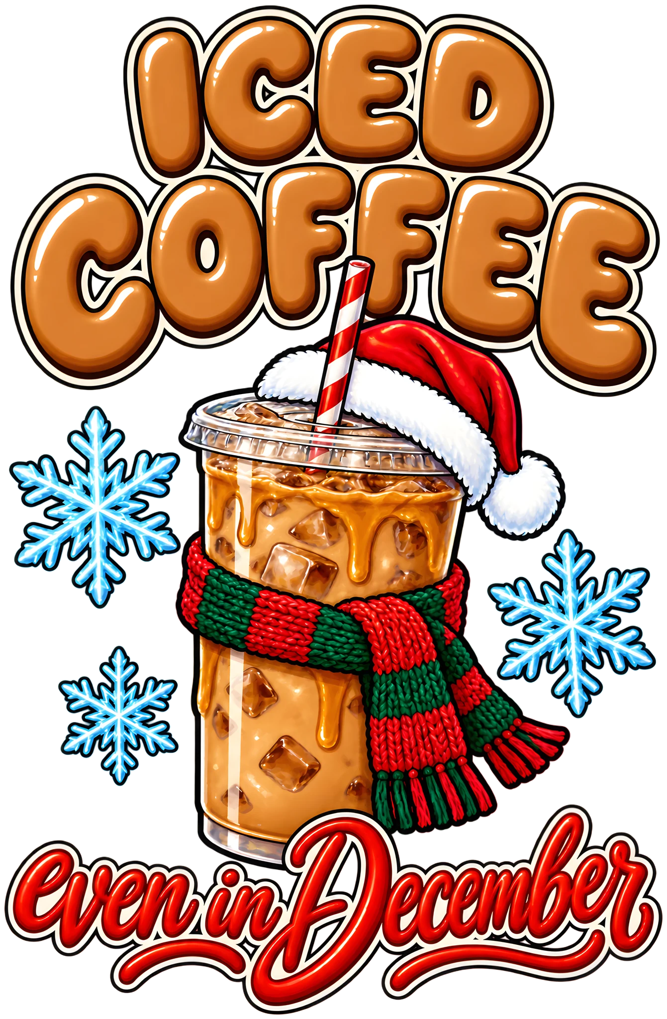 Iced Coffee Even in December Funny Winter Coffee Santa Hat DTF Transfer