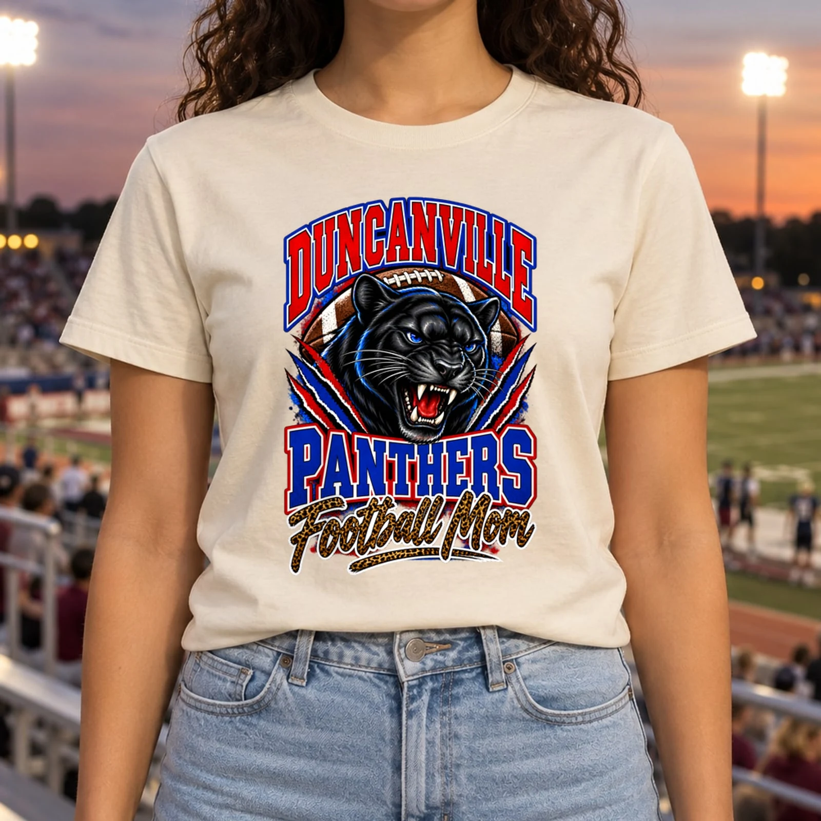 Duncanville Panthers Football Mom Leopard Varsity Red and Royal Blue DTF Transfer