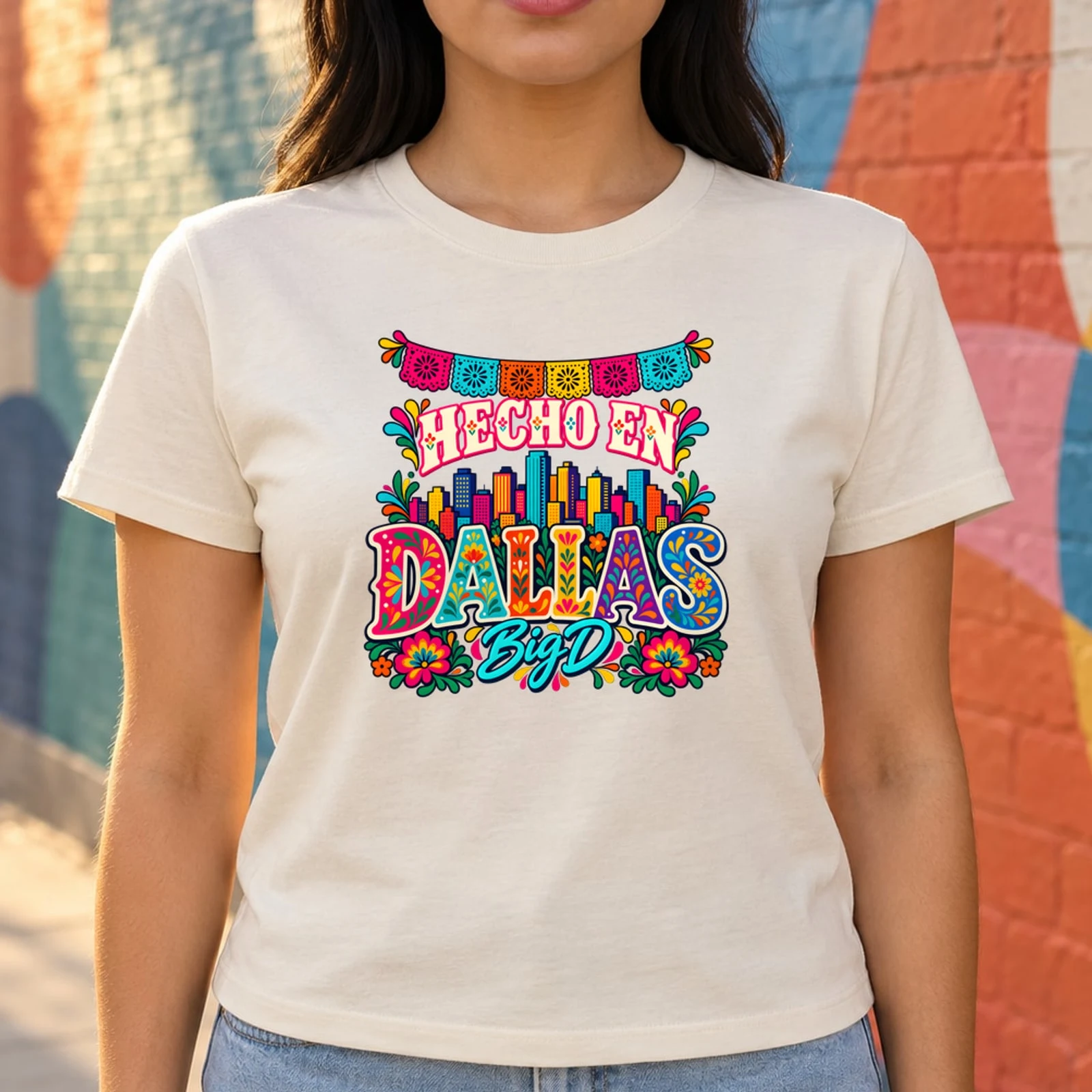 Hecho en Dallas Big D Folk Art Skyline Papel Picado City Pride DTF Transfer