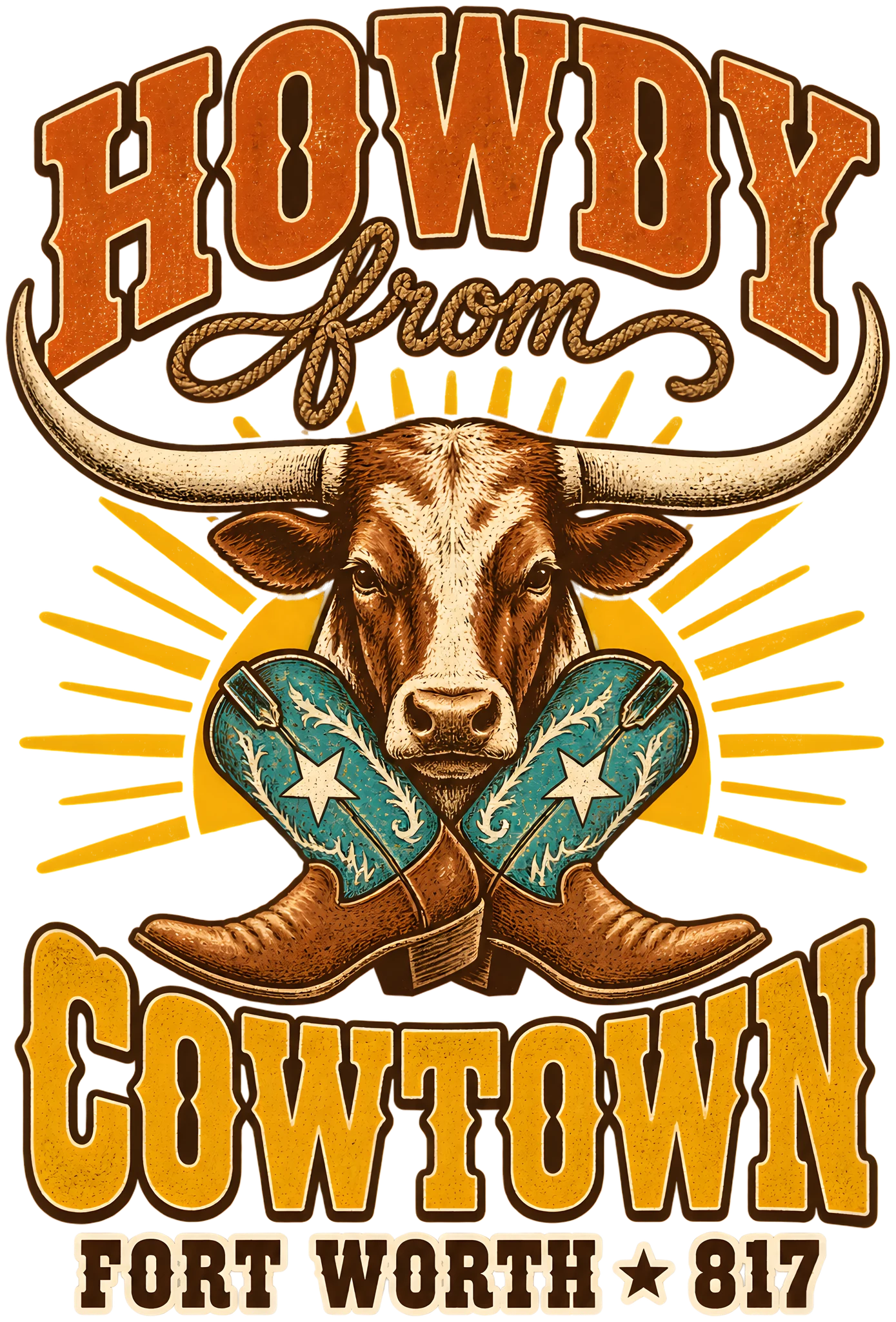 Howdy From Cowtown Fort Worth 817 Vintage Western Longhorn DTF Transfer