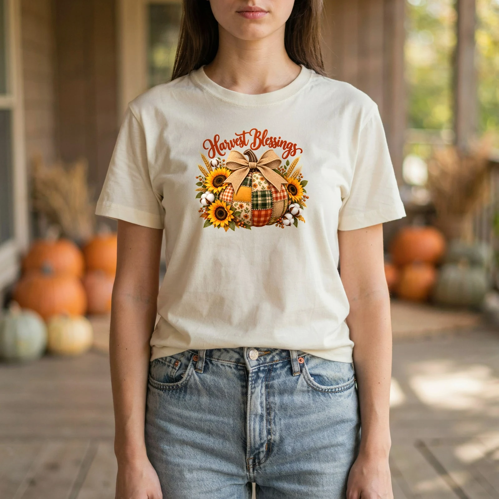 Harvest Blessings Faux Patchwork Pumpkin Sunflower Fall DTF Transfer