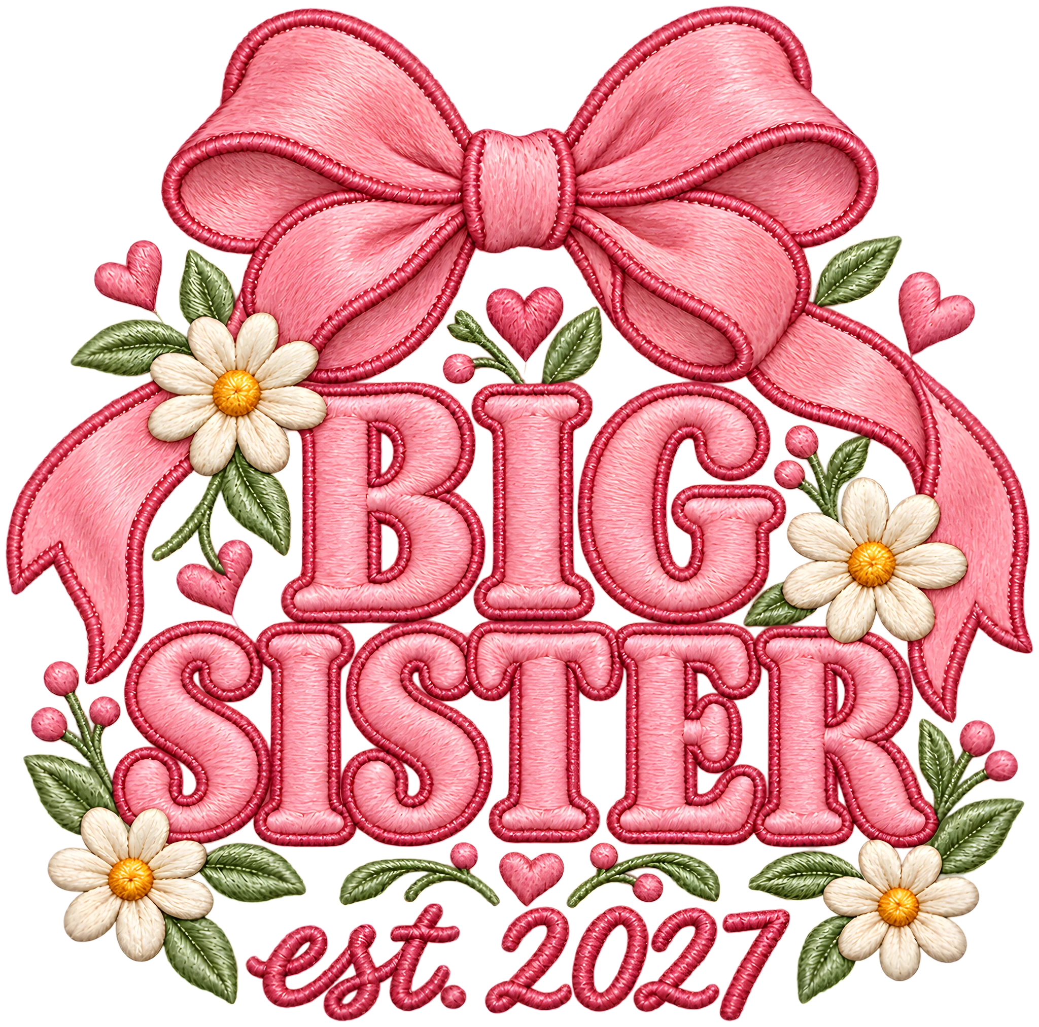 Big Sister Est 2027 Coquette Bow Faux Embroidery Announcement DTF Transfer