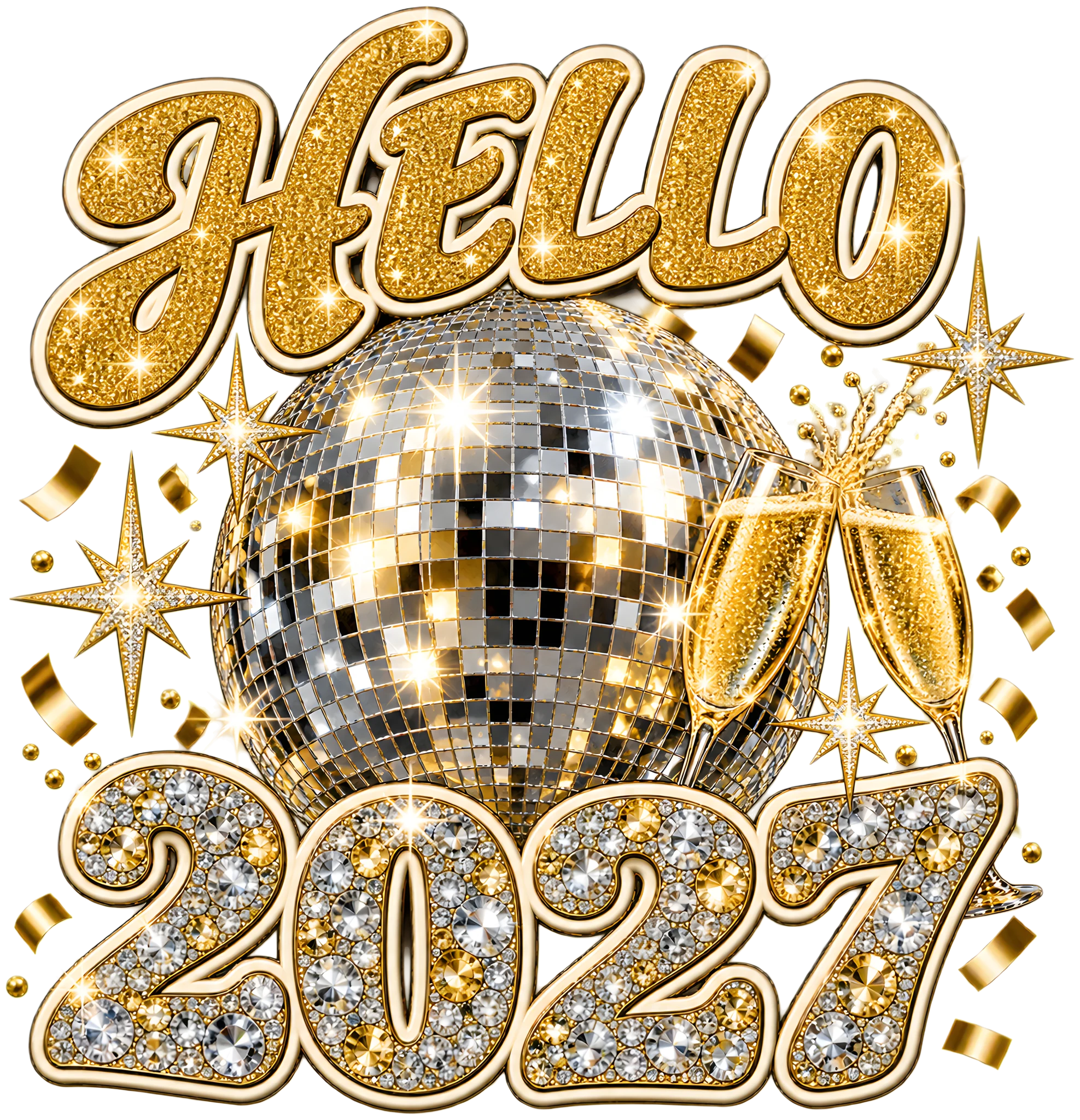 Hello 2027 Faux Rhinestone Disco Ball New Year's Eve DTF Transfer